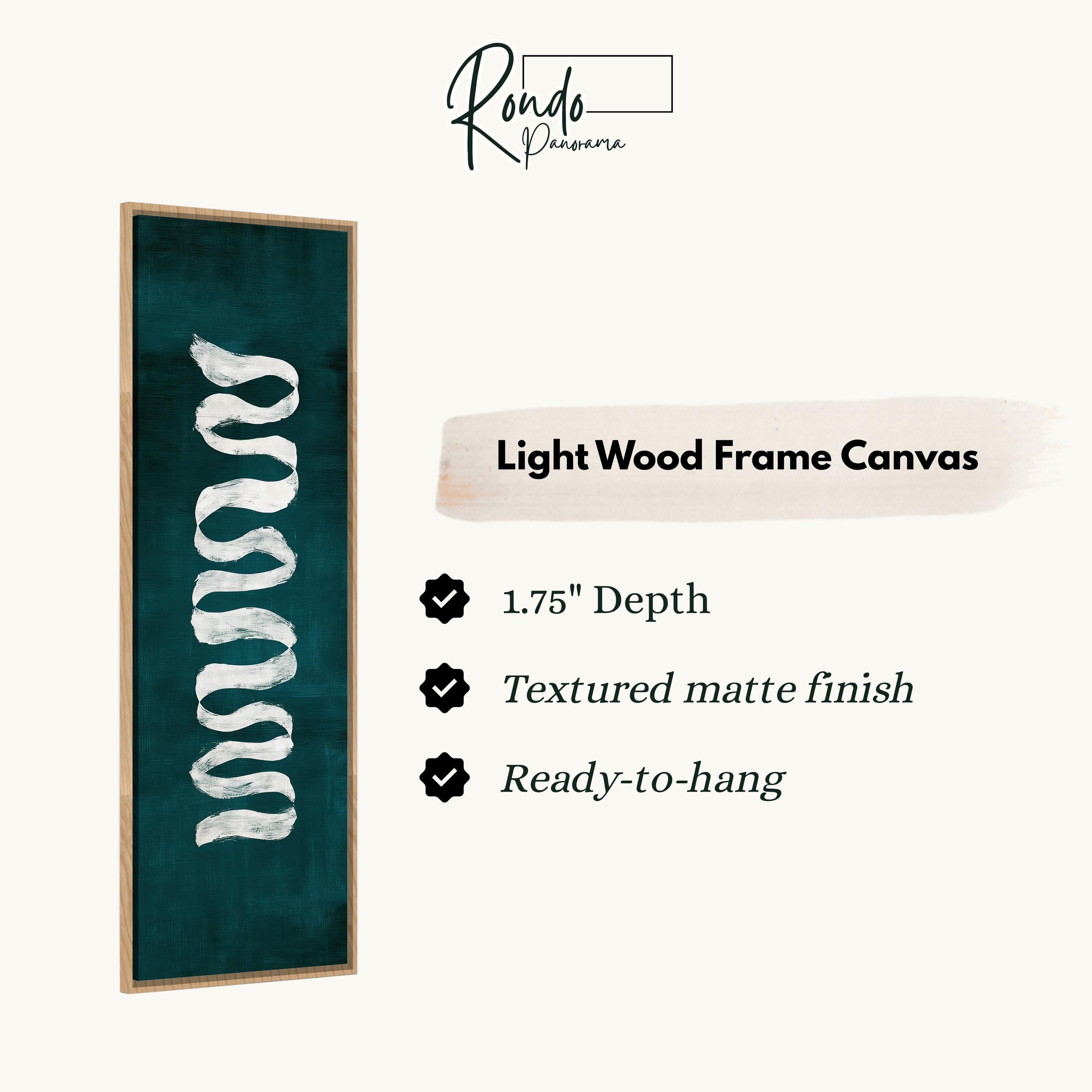 The image is a product description for a light wood frame canvas. It features a dark green frame with a white design on it, and provides details about the product, including its dimensions, finish, and hanging capabilities.