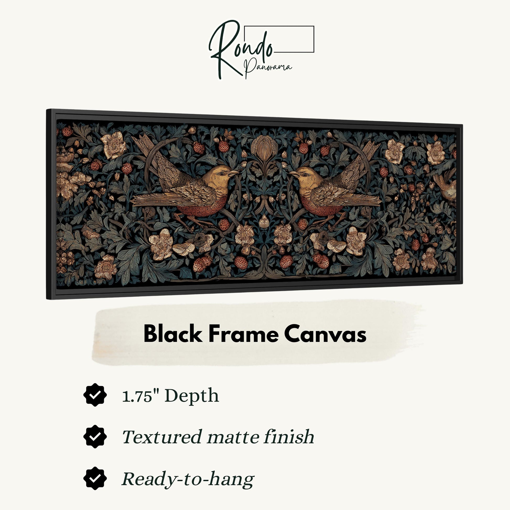 The image is a black frame canvas featuring a detailed illustration of two birds in flight against a floral background.