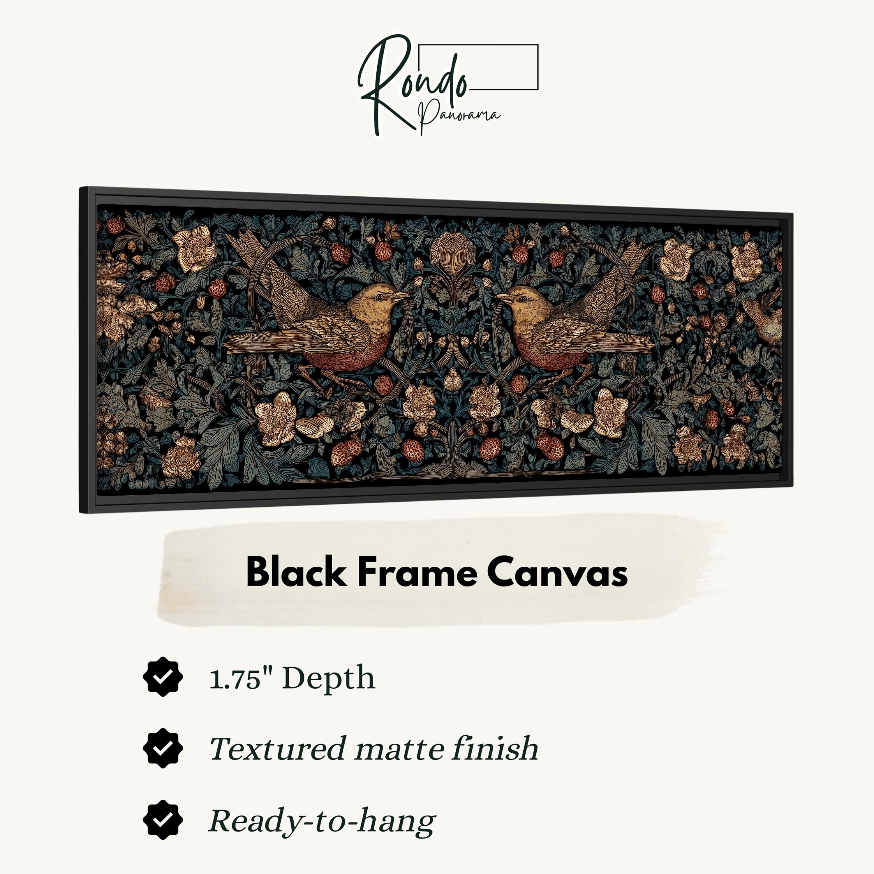 The image is a black frame canvas featuring a detailed illustration of two birds in flight against a floral background.