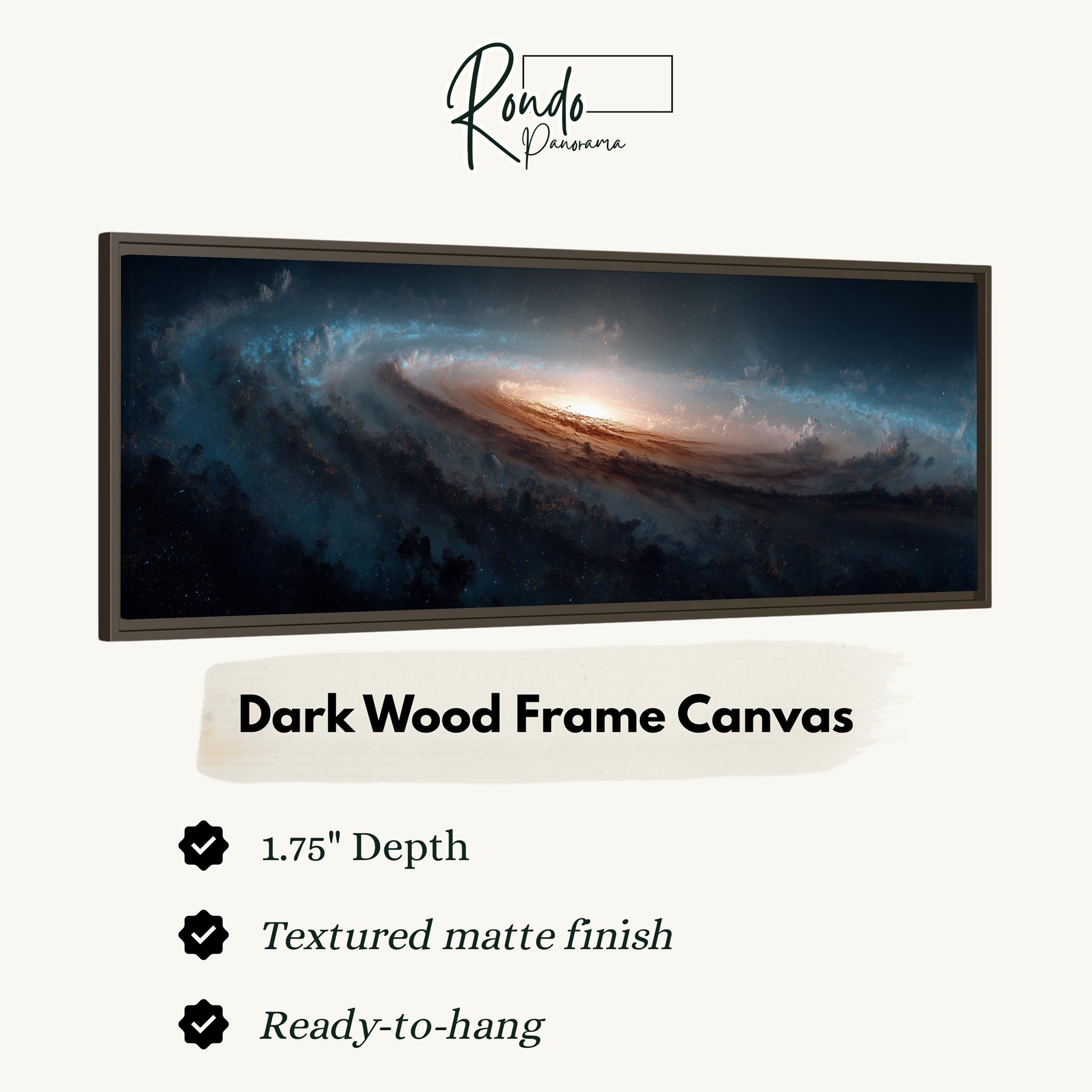 The image is a dark wood frame canvas depicting a spiral galaxy with a bright center and swirling clouds.