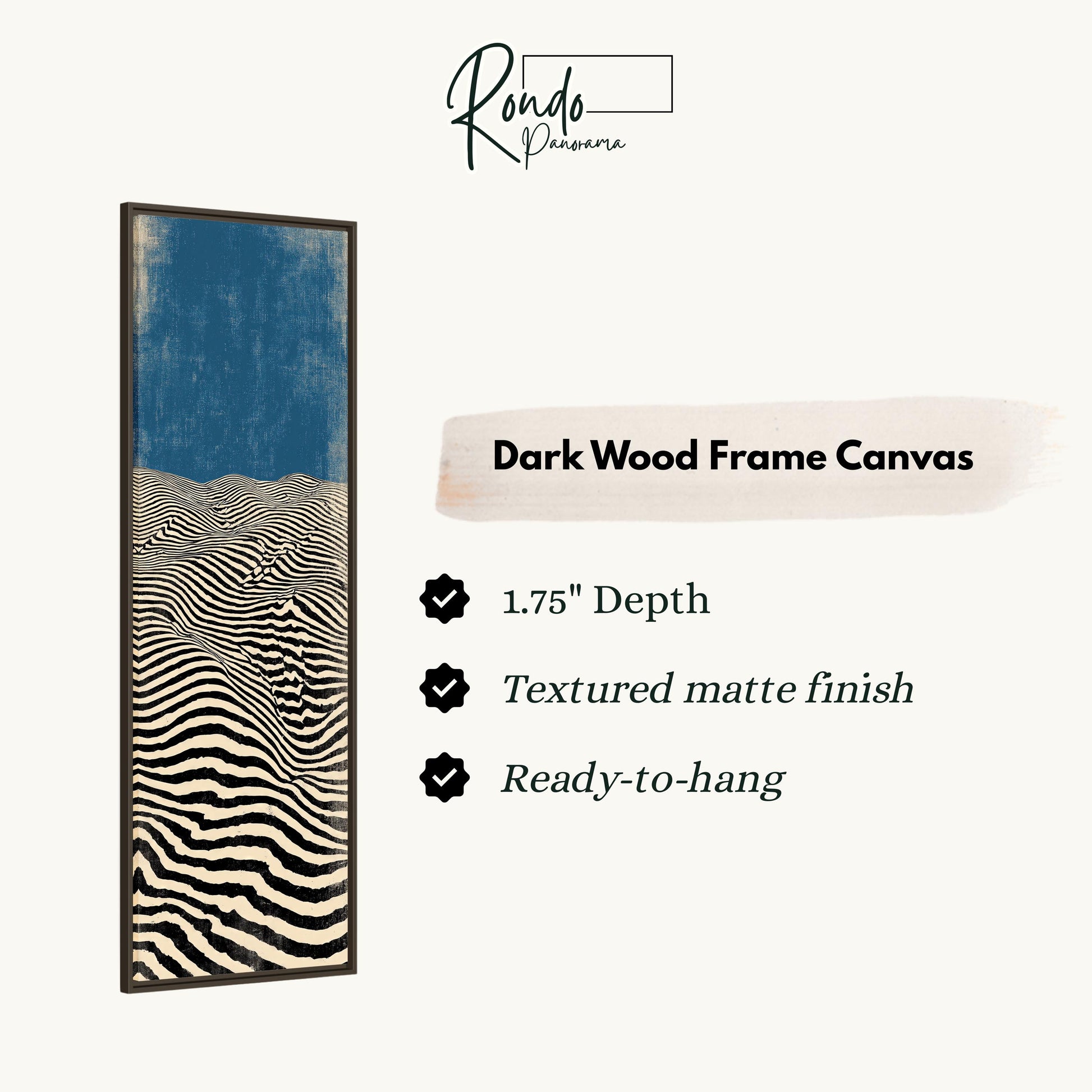 The image is a product description for a dark wood frame canvas. It features a striking abstract artwork with a blue background and black and white stripes. The canvas has a 1.75" depth, a textured matte finish, and is ready to hang.