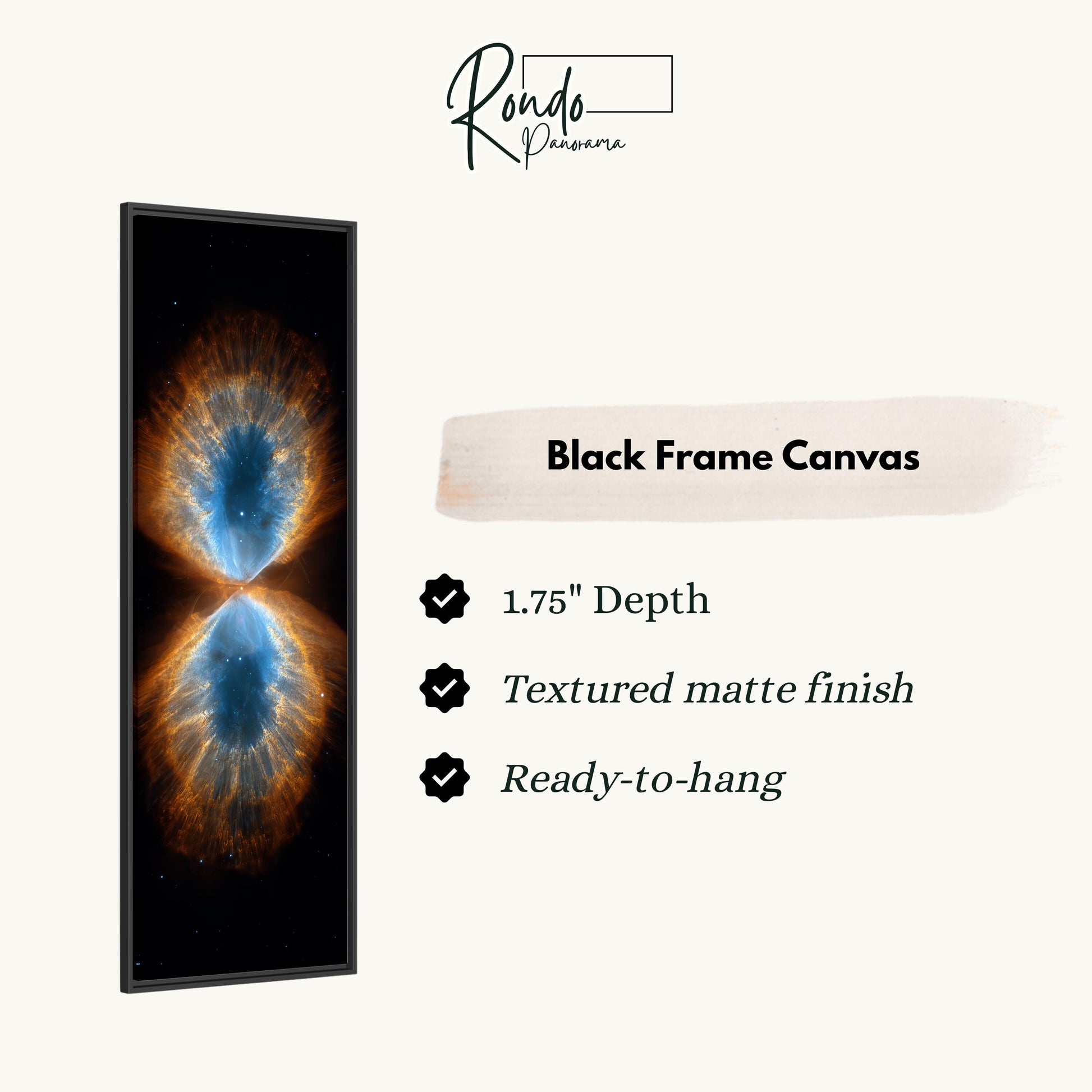 The image is a black frame canvas featuring a captivating image of a nebula, which is a vast cloud of gas and dust in space. The nebula displays a striking contrast of blue and orange hues, creating a visually striking and eye-catching piece of art. The canvas is described as having a 1.75" depth, a textured matte finish, and being ready to hang.