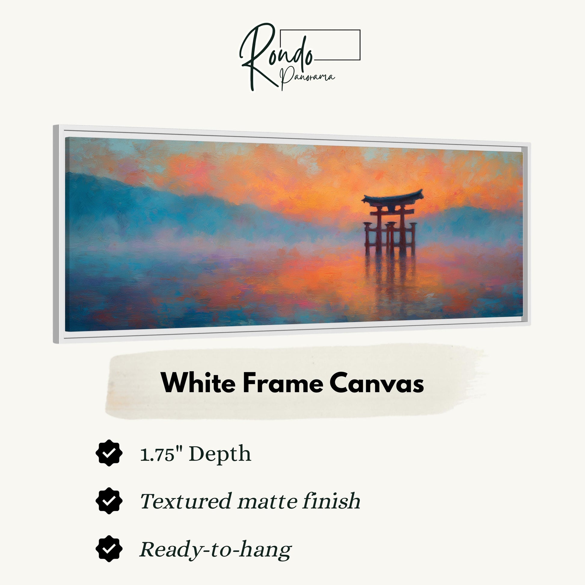 The image is a white frame canvas depicting a serene landscape with a torii gate in the background, set against a colorful sunset sky.