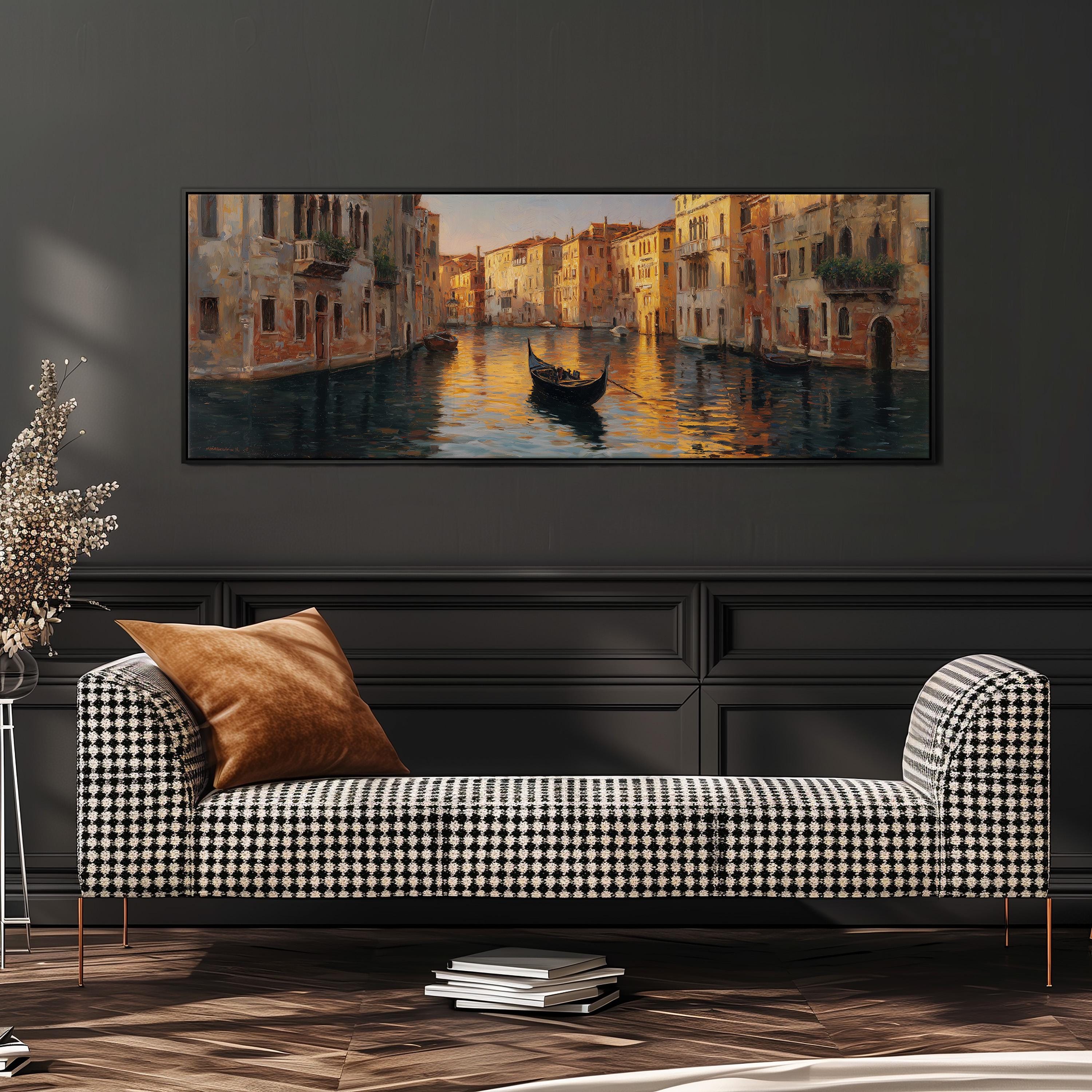 a large painting of a gondola on a canal, hanging on a wall above a black and white checkered sofa.
