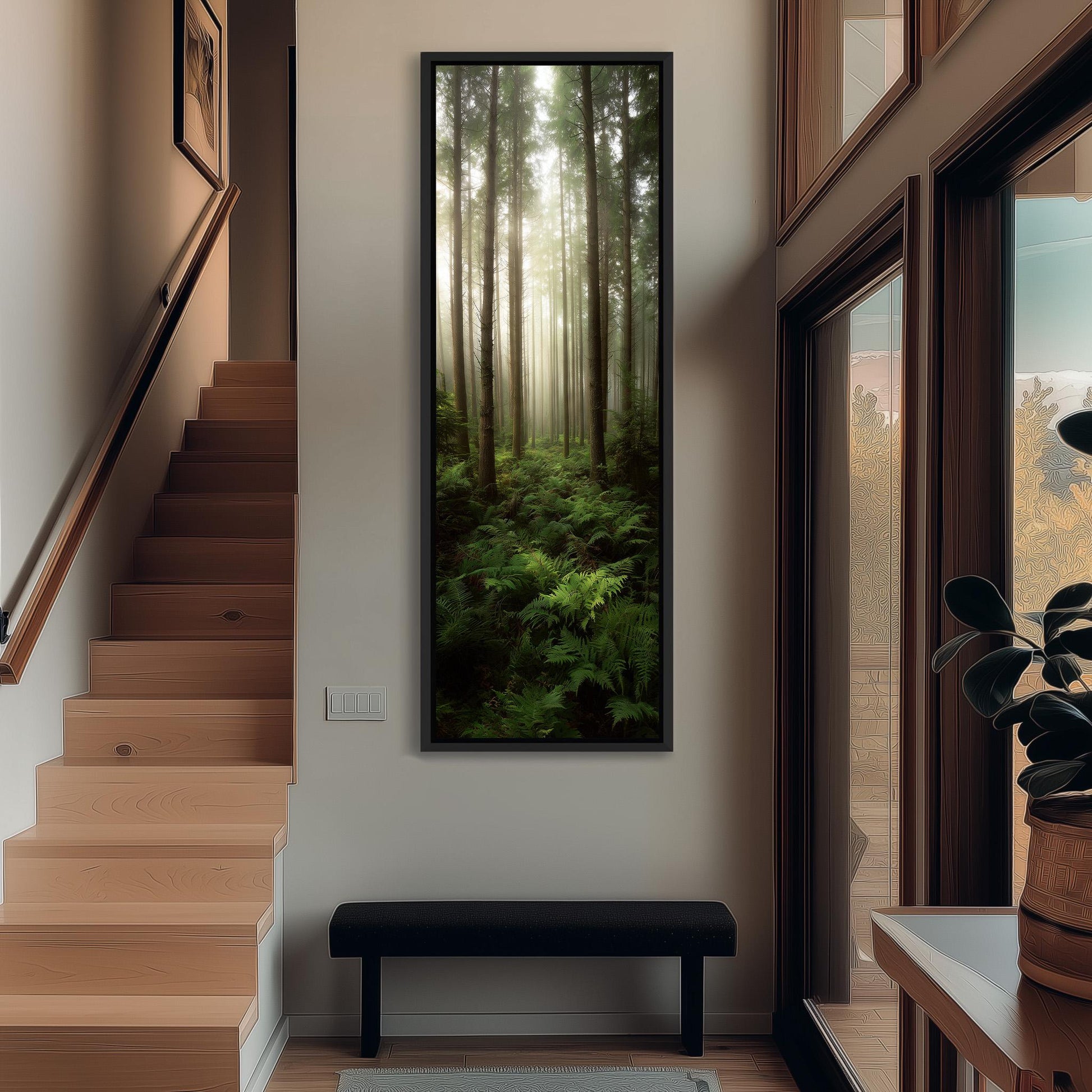 a serene indoor setting with a large window overlooking a lush forest. The window is framed by a wooden staircase, and a black bench is positioned in front of it. The walls are painted white, and a large painting of a forest scene hangs above the bench.