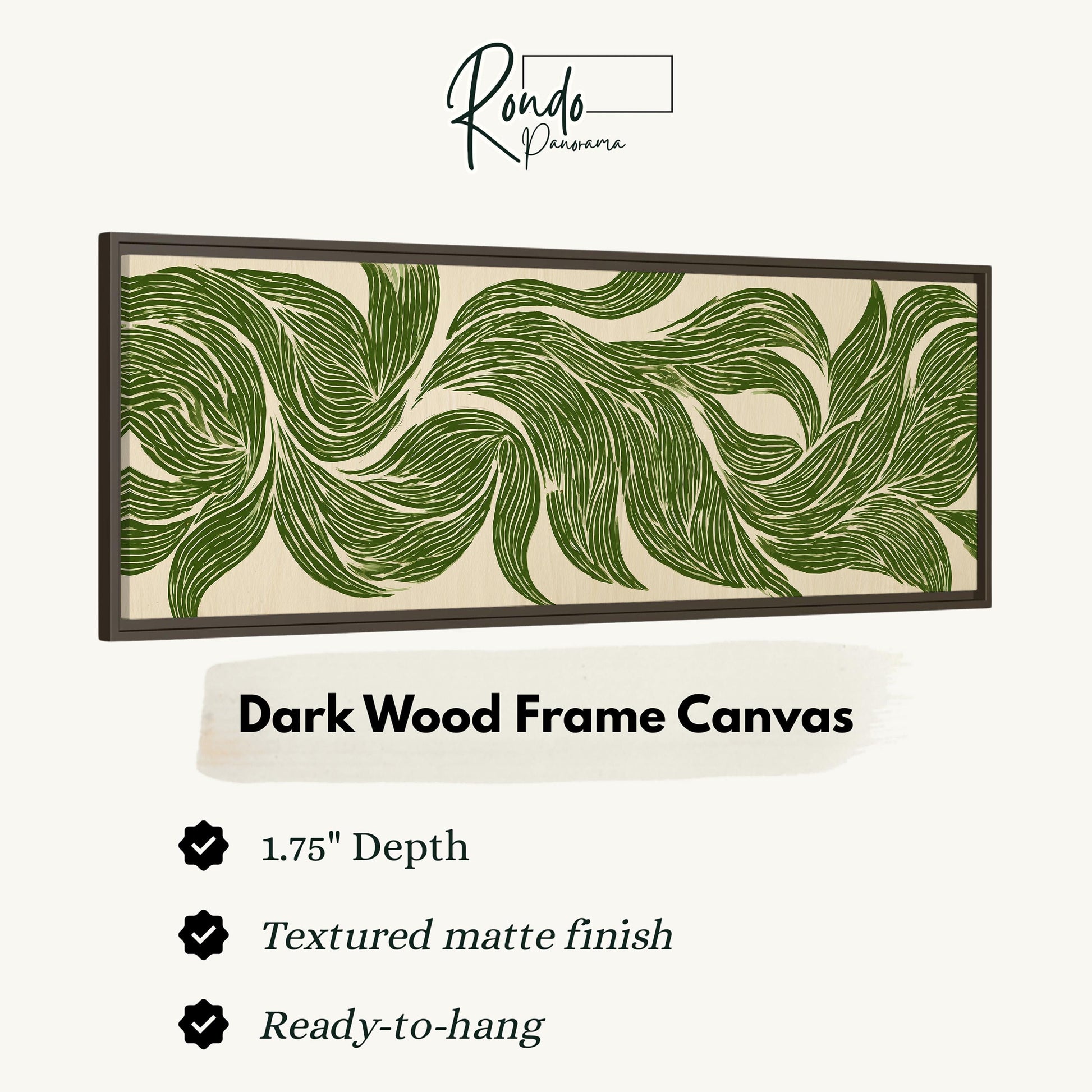 a dark wood frame canvas with a leafy green pattern.