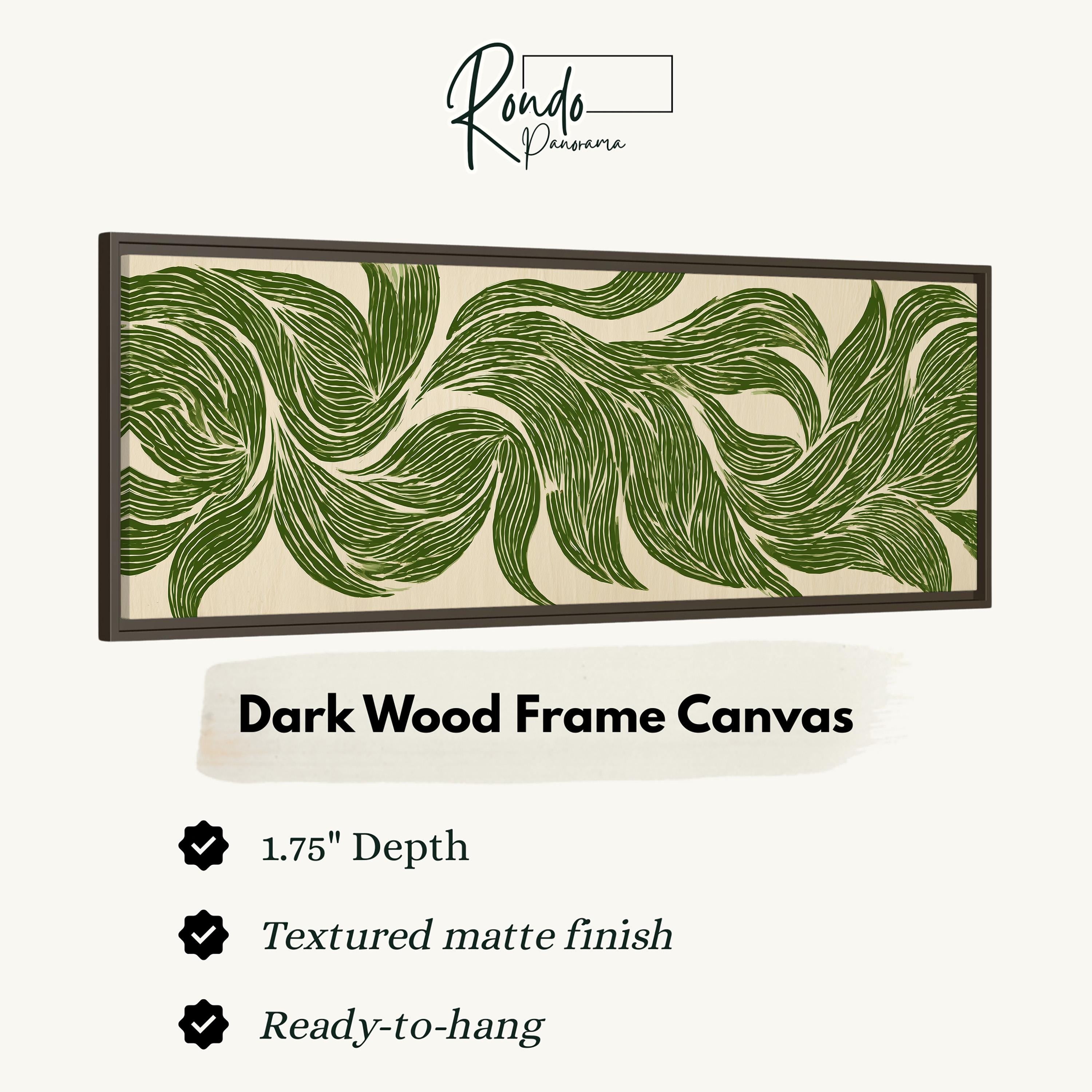 a dark wood frame canvas with a leafy green pattern.