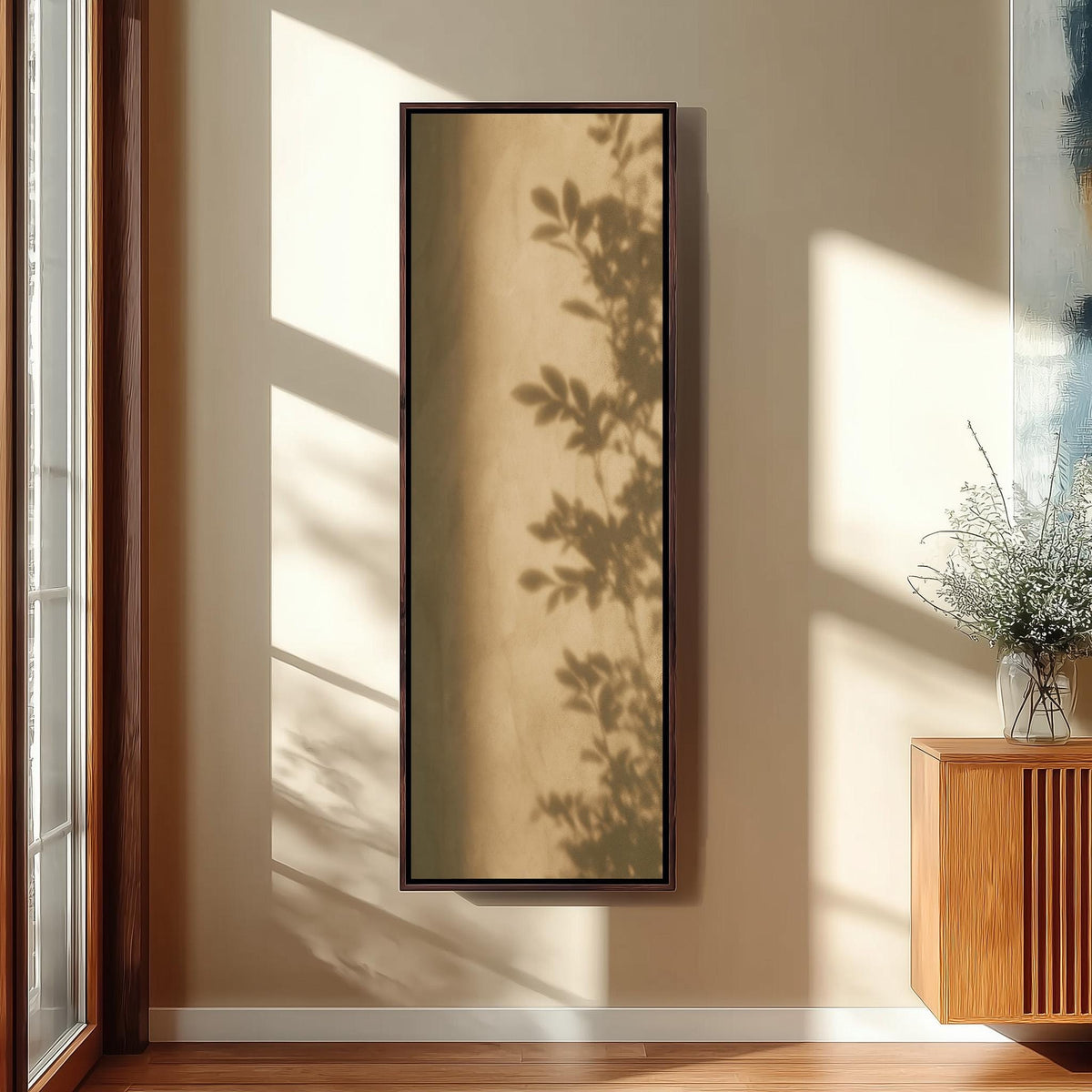 Eucalyptus leaf shadow on a sepia wall tall narrow canvas print beside a staircase in an entryway