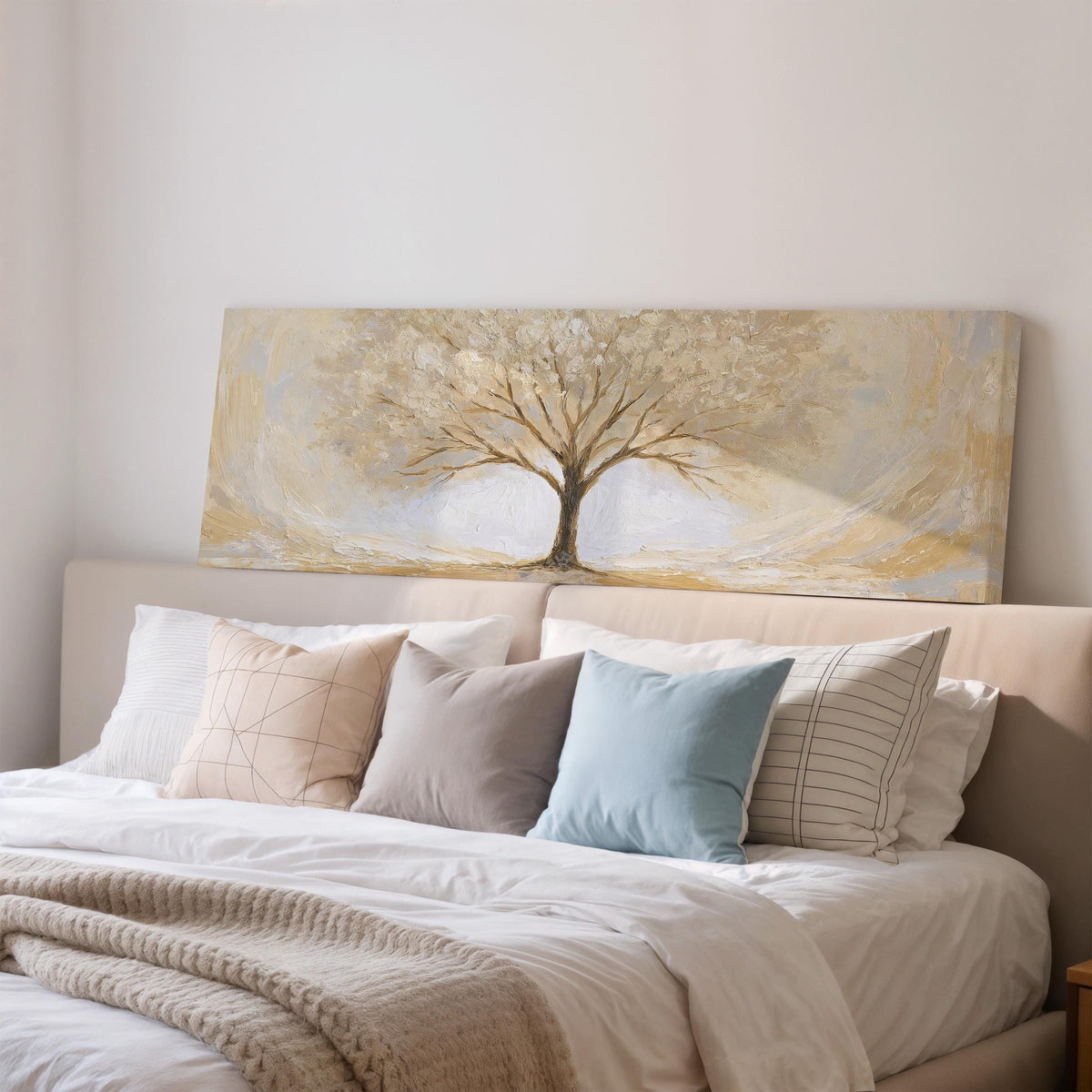 Golden winter tree wide panoramic canvas print above a bed in a bedroom