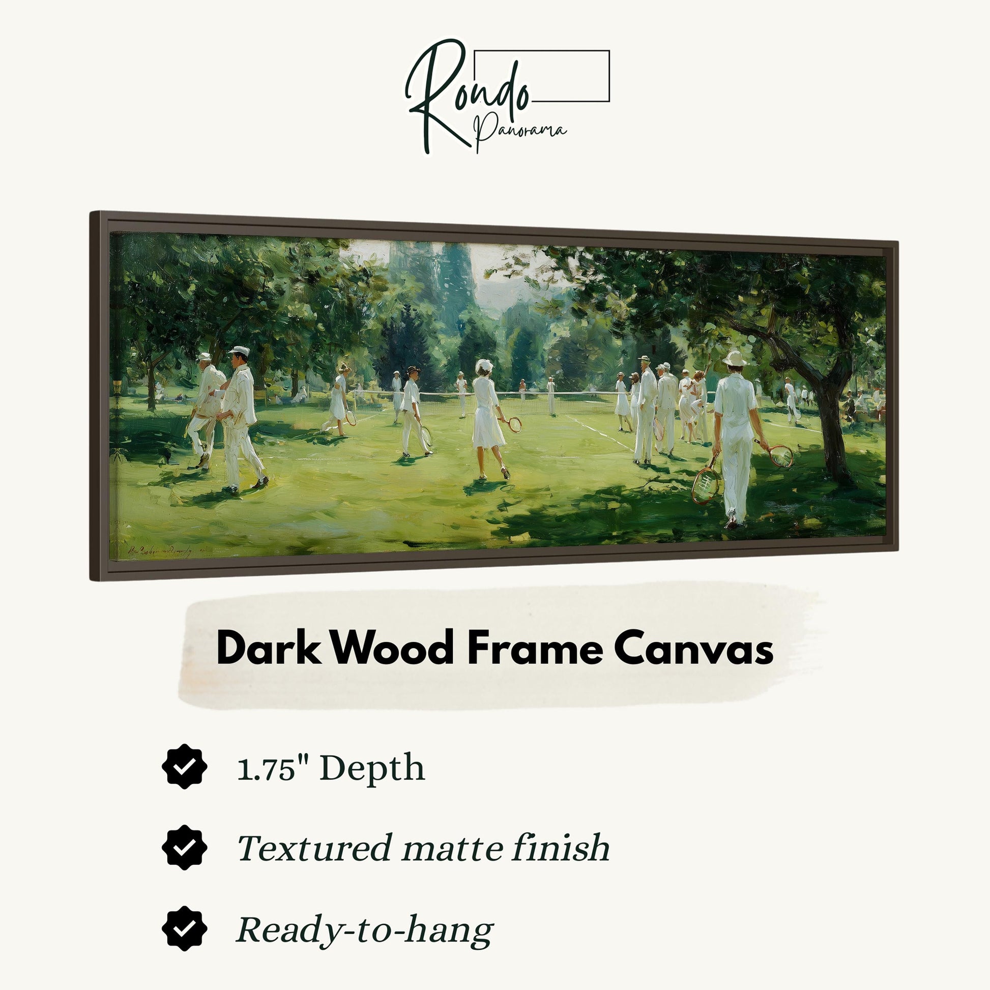 The image is a painting of a group of people playing tennis on a grassy court.