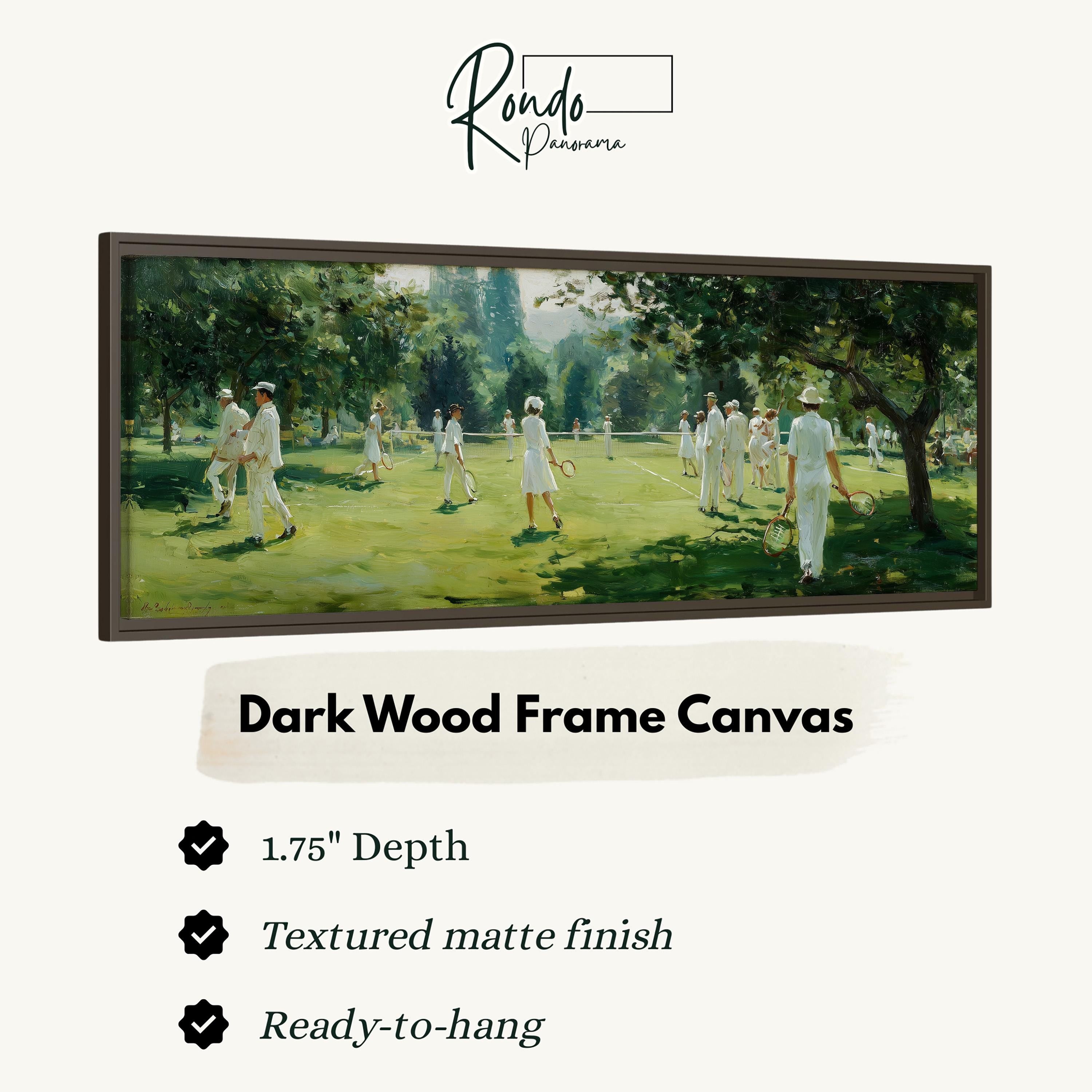 The image is a painting of a group of people playing tennis on a grassy court.