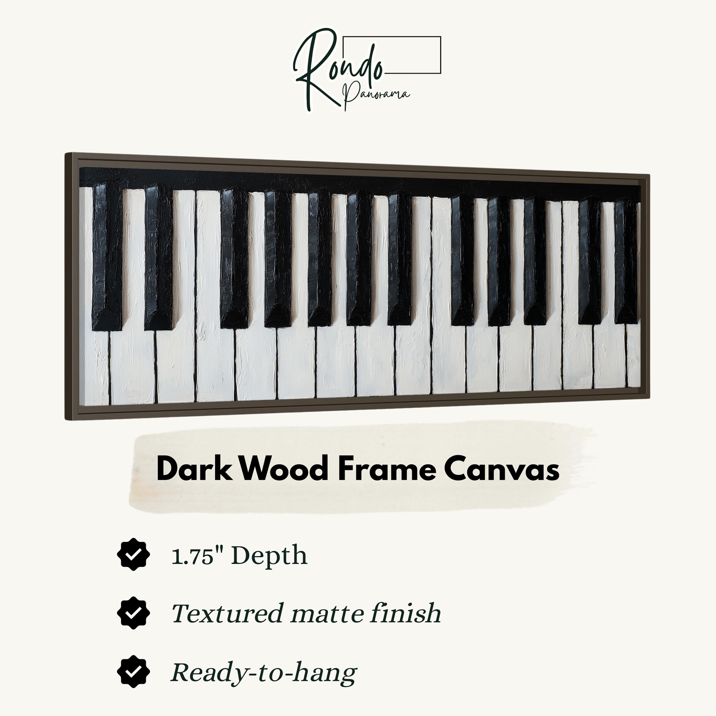 a dark wood frame canvas with a close-up view of a piano keyboard.