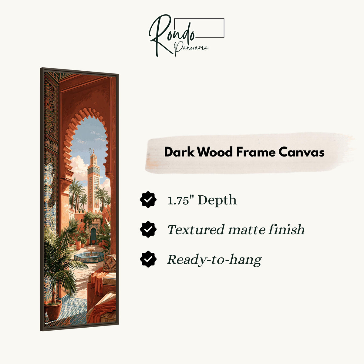Moroccan courtyard and minaret through a terracotta arch canvas print in a dark wood floating frame