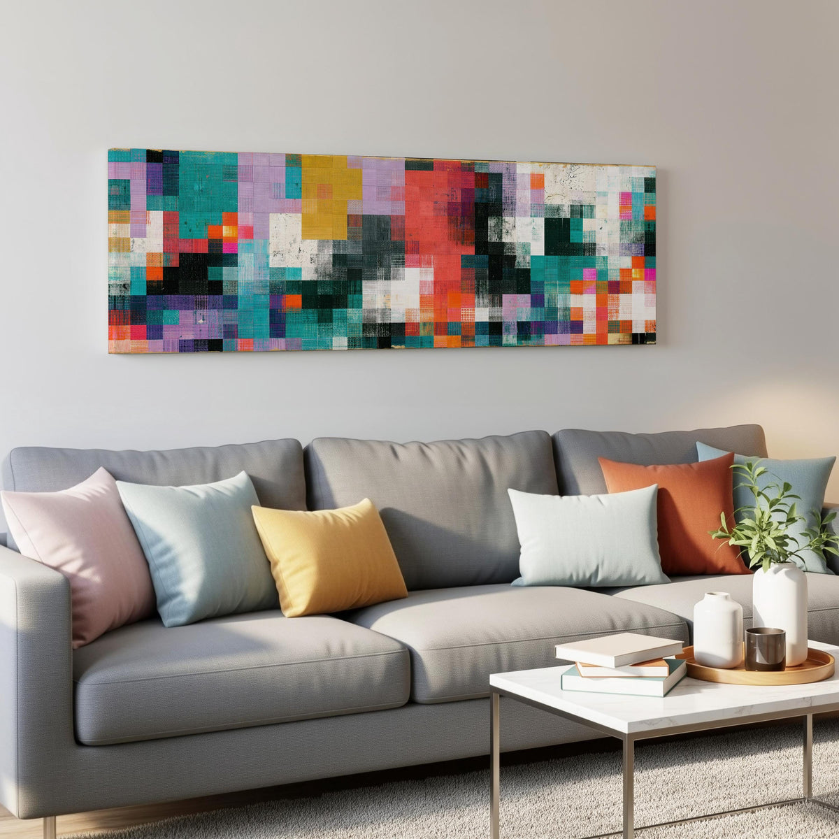 Teal and coral patchwork color blocks panoramic canvas print above a grey sofa in a living room