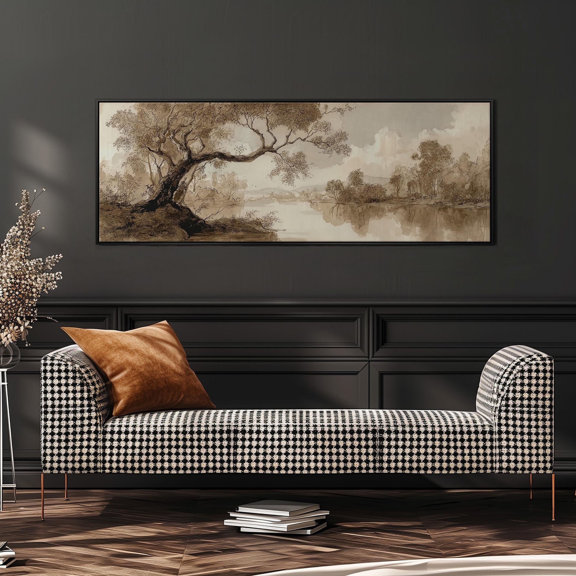 a black and white checkered sofa with a brown throw pillow, set against a dark wall with a large landscape painting hanging above it.