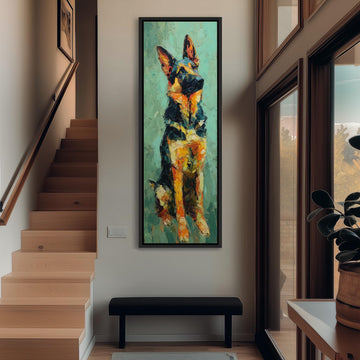 a large painting of a German Shepherd dog hanging on the wall of a hallway.