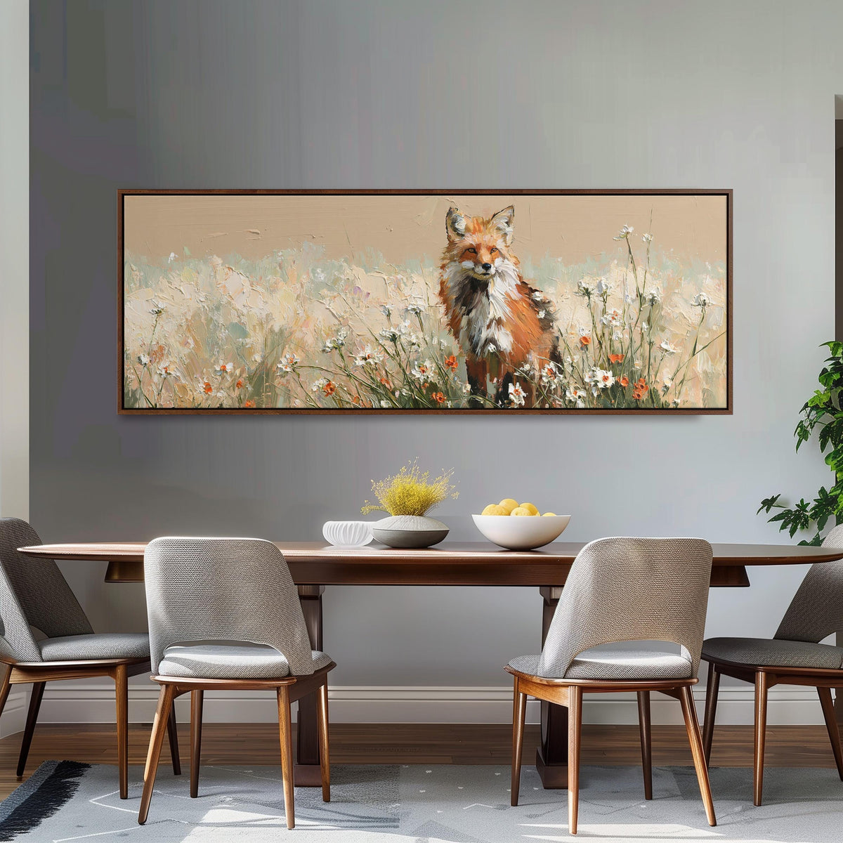 Red fox sitting among white wildflowers long horizontal canvas print above a dining table