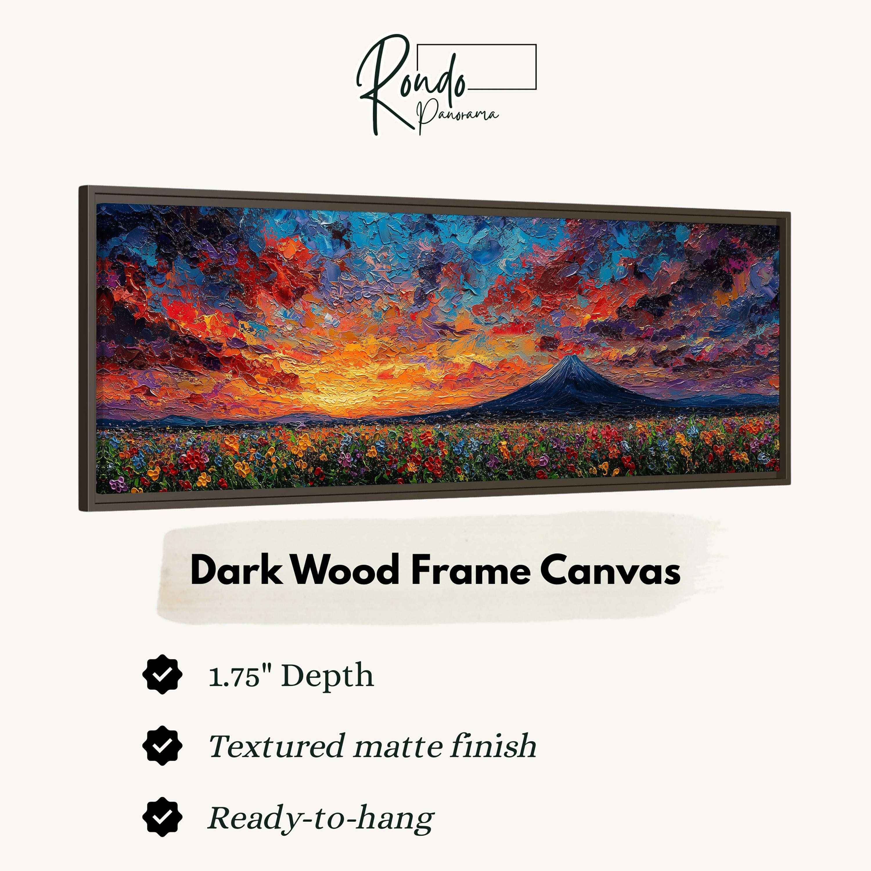 The image is a framed canvas depicting a sunset over a field of flowers.