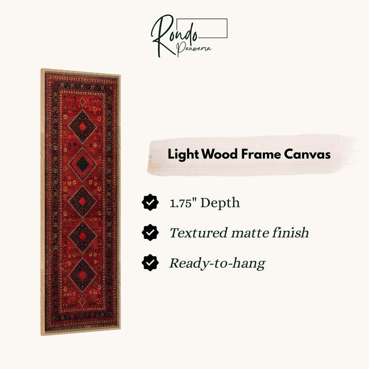 Red Persian rug pattern canvas print in a light wood floating frame