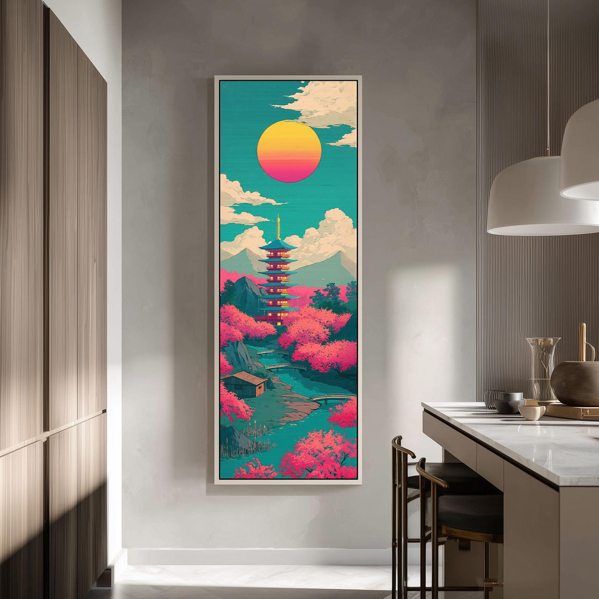 Pagoda under a pink and yellow sun tall skinny canvas print in a modern kitchen