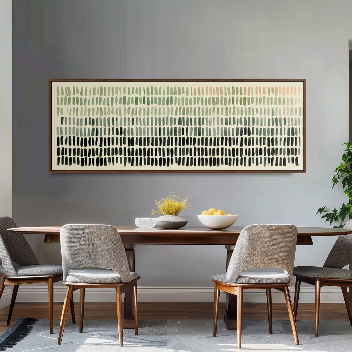 Brushmark dashes fading from sage to charcoal long horizontal canvas print above a dining table