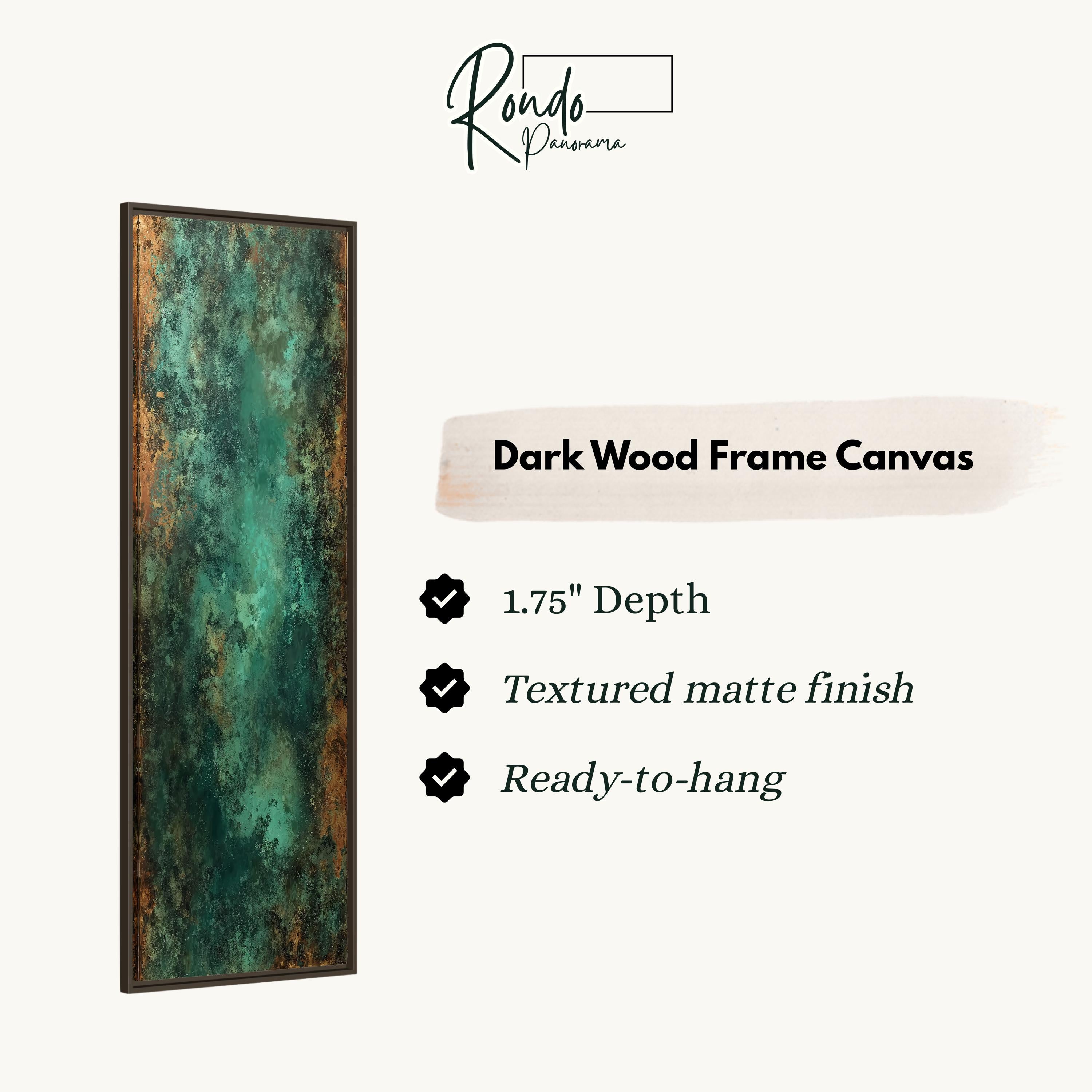 The image is a product description for a dark wood frame canvas. It features a close-up of a textured matte finish and a 1.75" depth. The canvas is ready to hang.