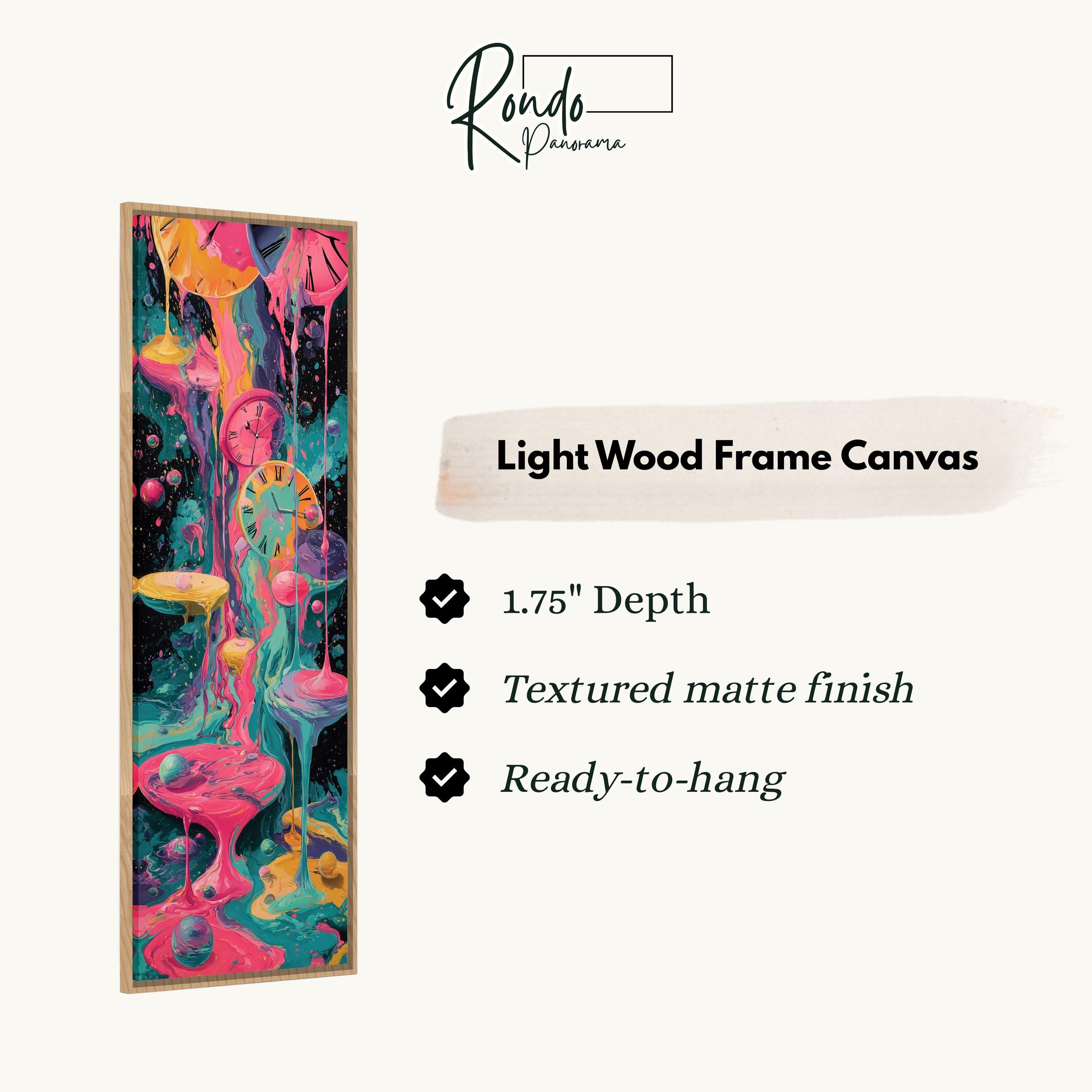 The image is a colorful abstract painting with a light wood frame. The painting has a 1.75" depth, a textured matte finish, and is ready to hang.