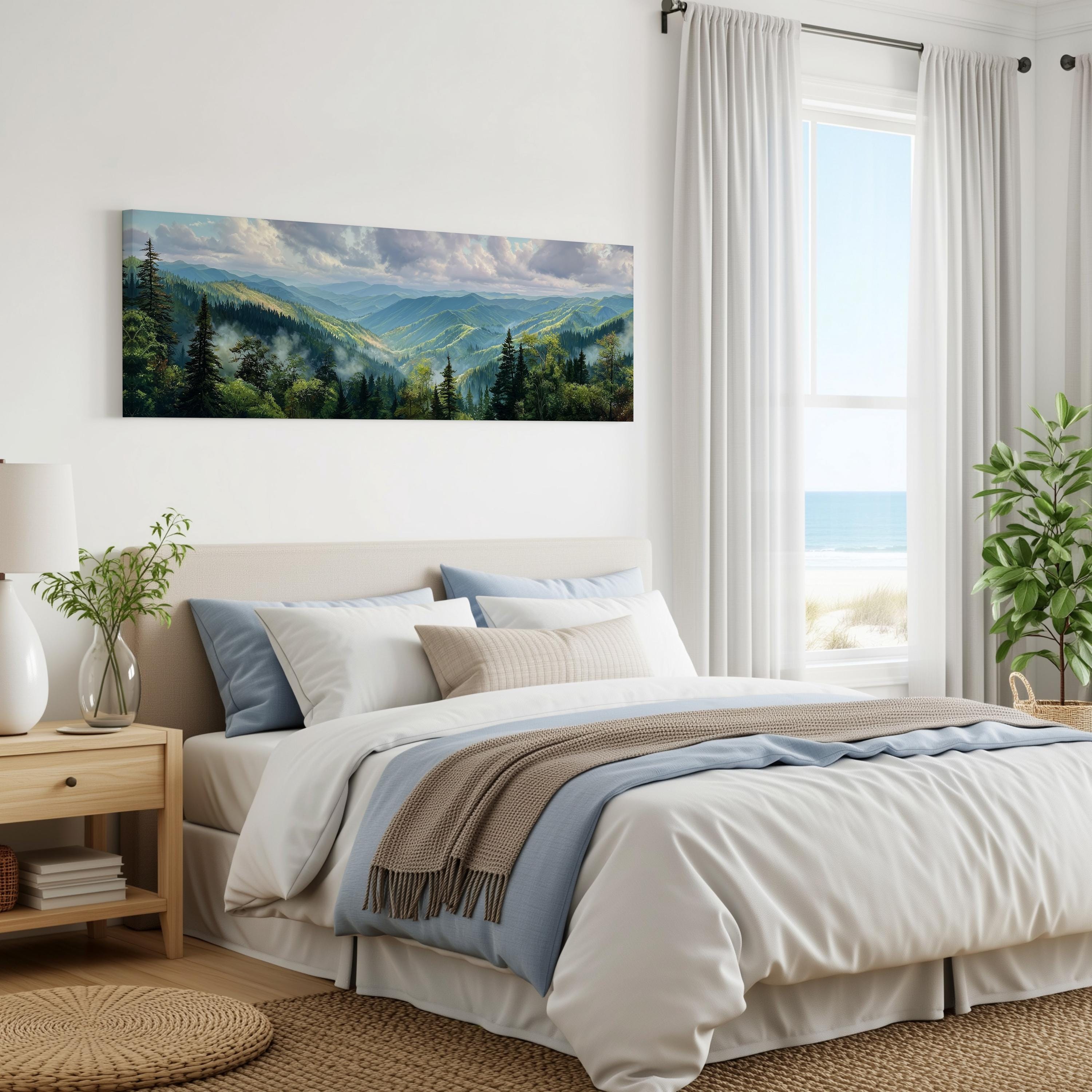 a serene bedroom with a large bed, a nightstand, and a painting of a mountain landscape hanging on the wall. The room has a calming and peaceful atmosphere, with natural elements like plants and a view of the ocean through a window.