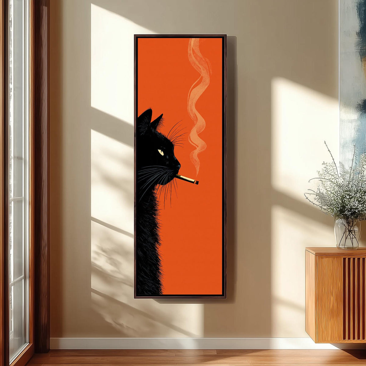 Black cat profile with curling smoke on orange tall narrow canvas print beside a staircase in an entryway