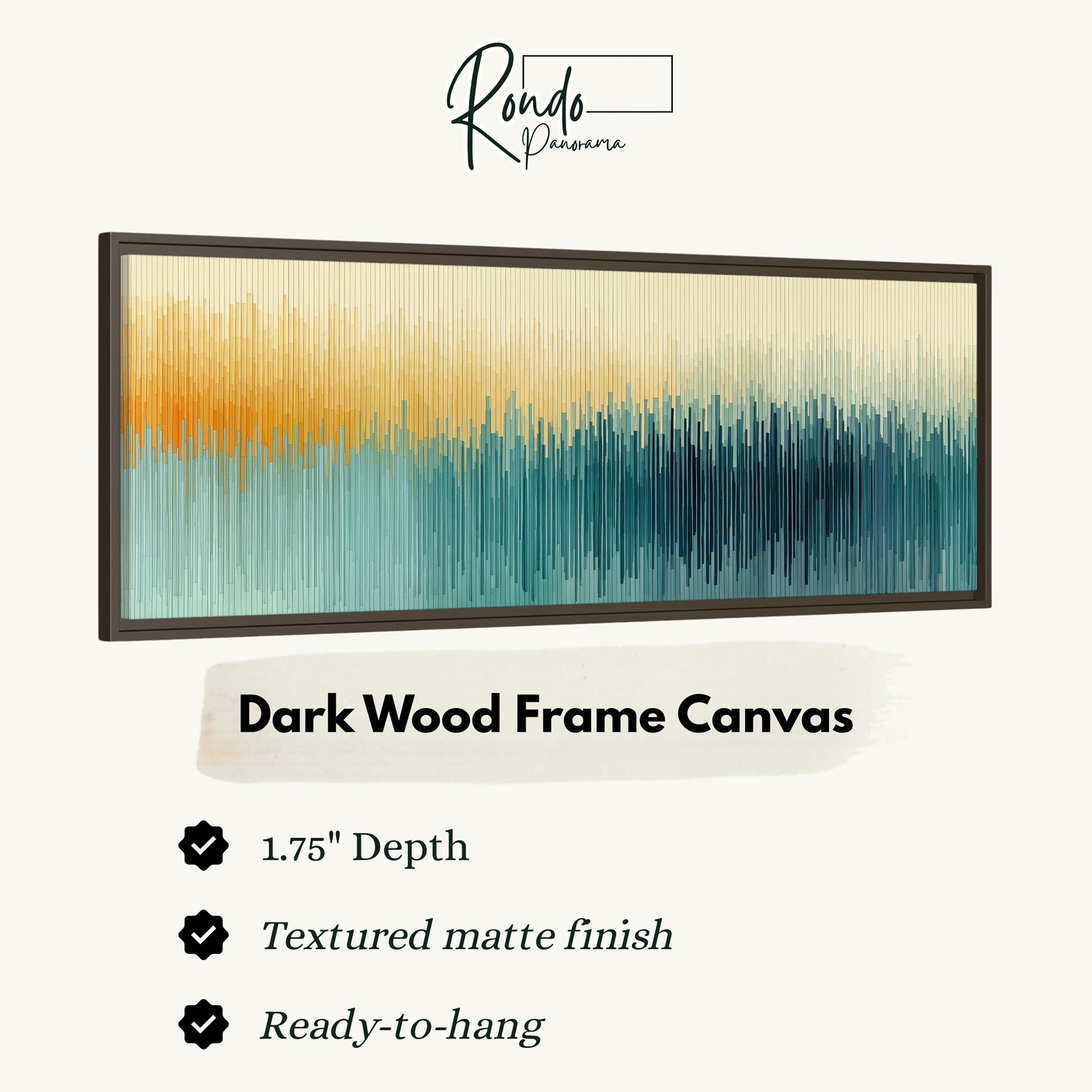 The image is a product advertisement for a dark wood frame canvas. It features a close-up of the canvas with a gradient of colors, and provides information about the dimensions, finish, and hanging options.