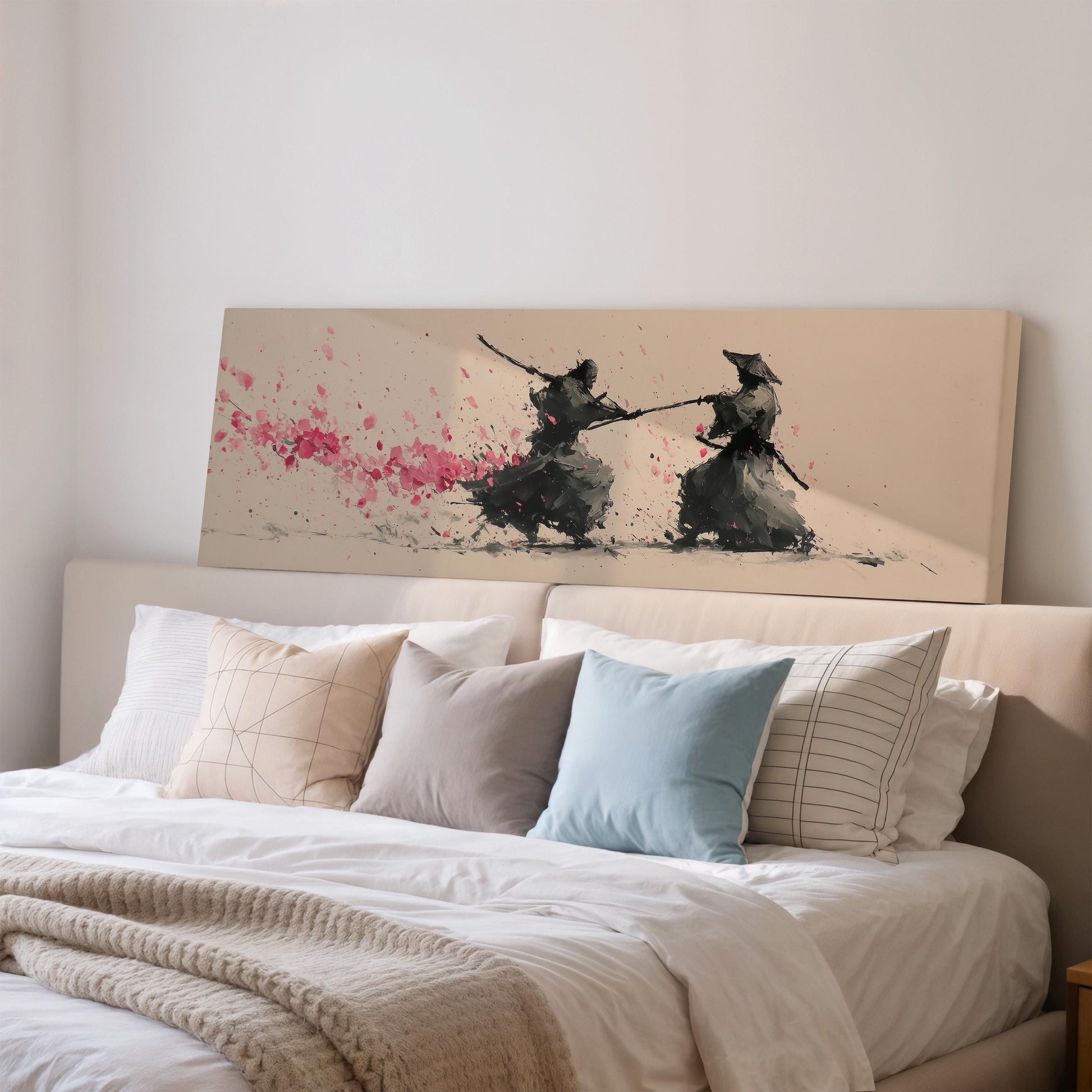 a bedroom with a large bed and a painting of two people in traditional Japanese armor engaged in sword fighting.
