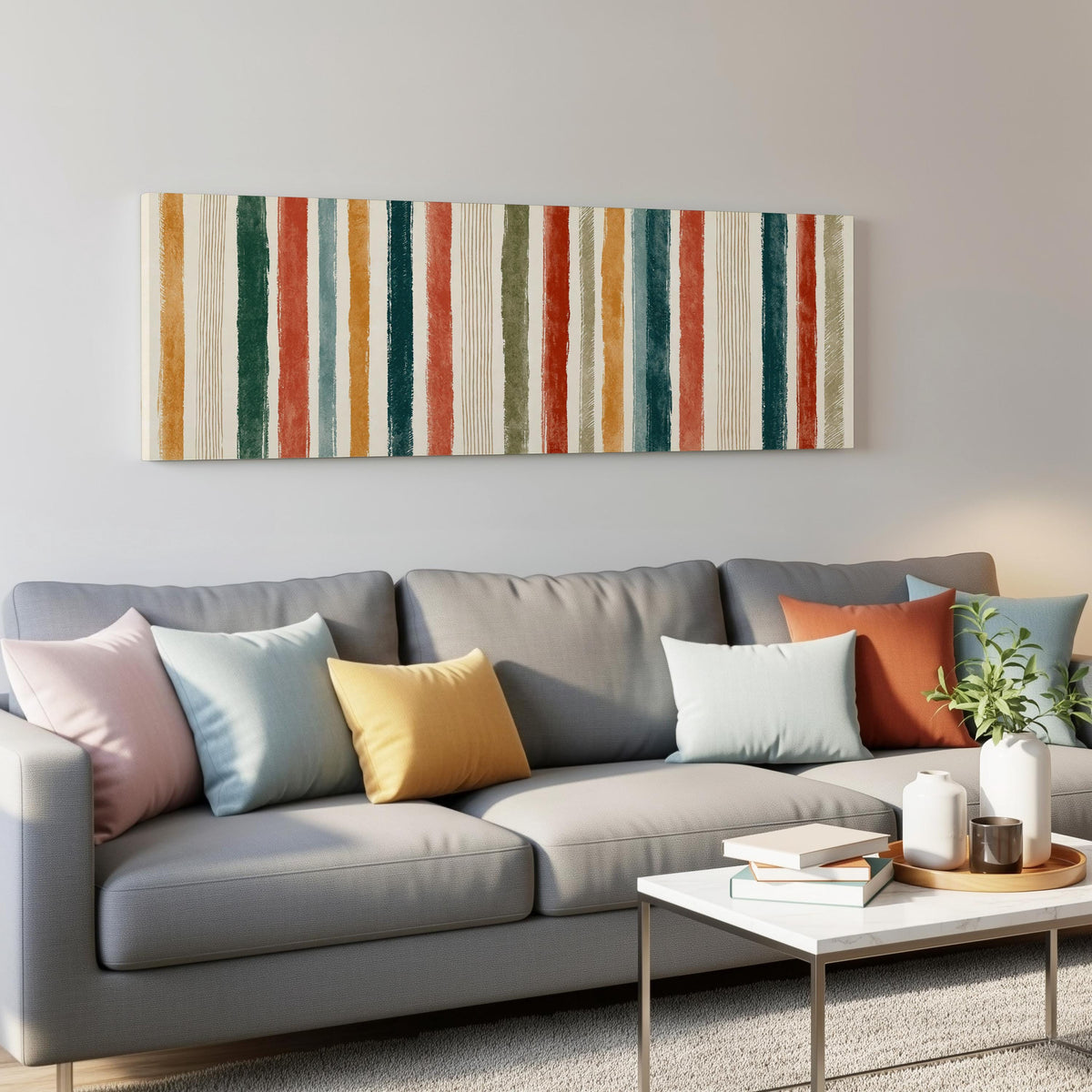 Boho watercolor stripes in mustard, teal and rust panoramic canvas print above a grey sofa in a living room