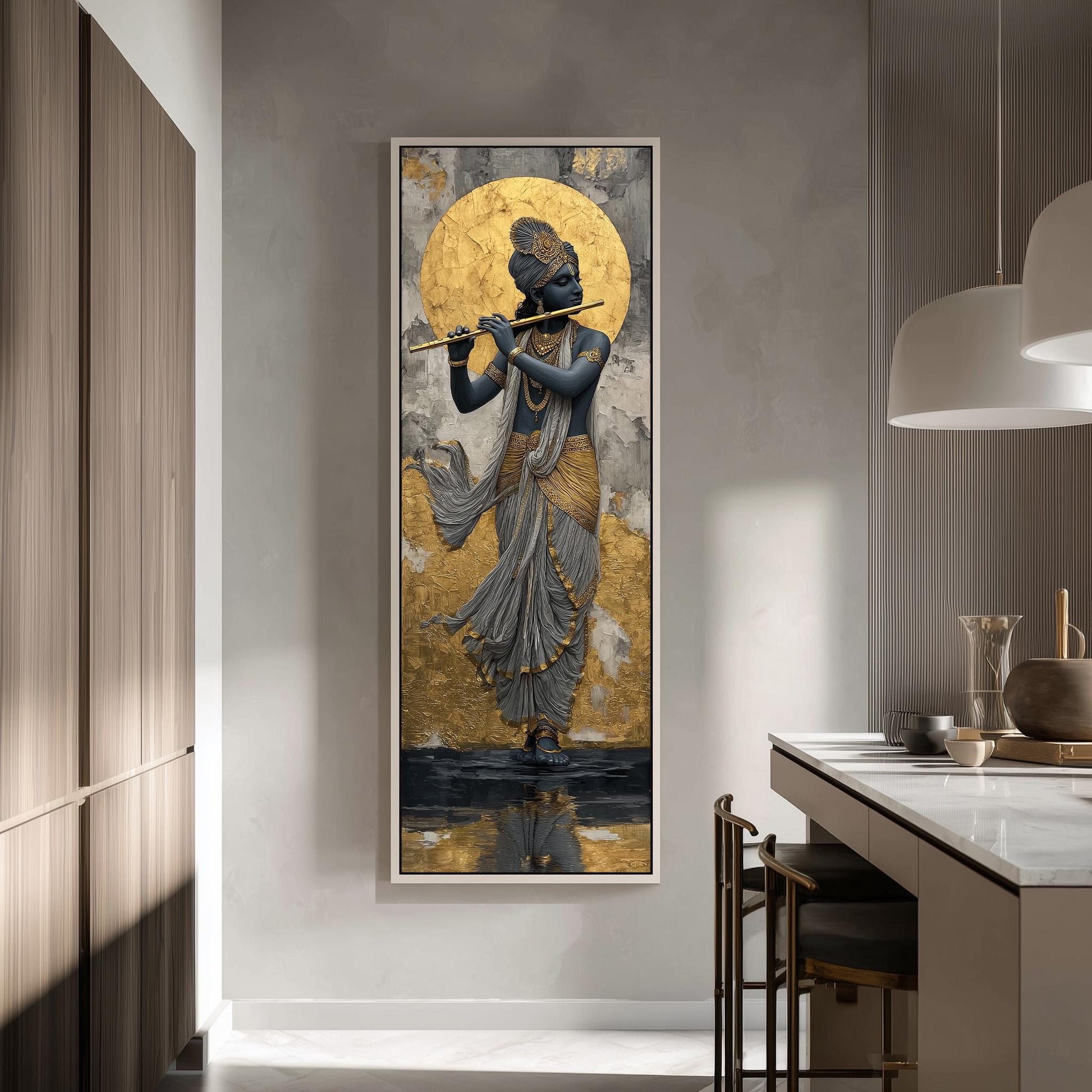 a large framed painting of a person playing a flute, hanging on a wall in a modern, minimalist interior space.