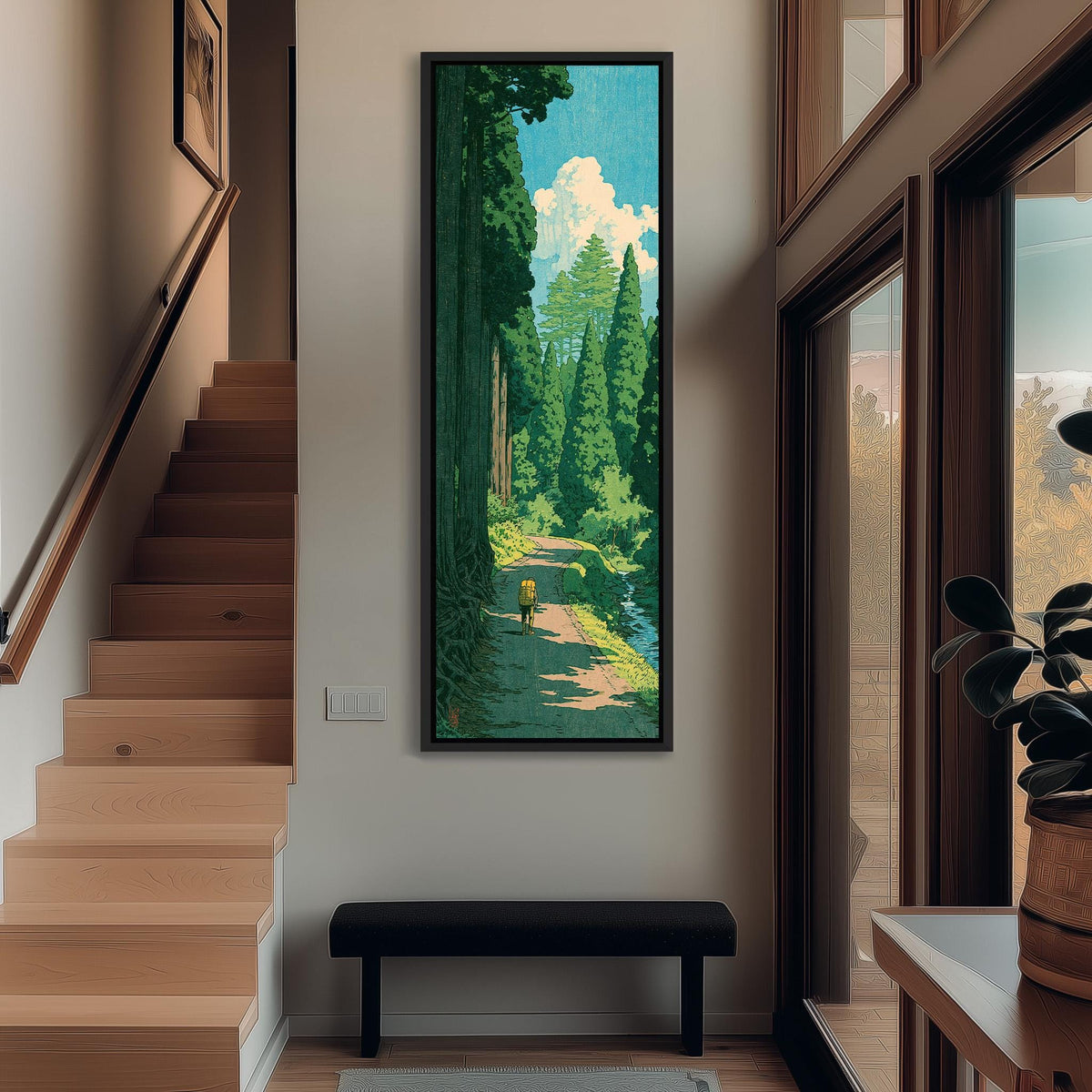 Hiker on a forest trail in a woodblock style tall narrow canvas print beside a staircase in an entryway