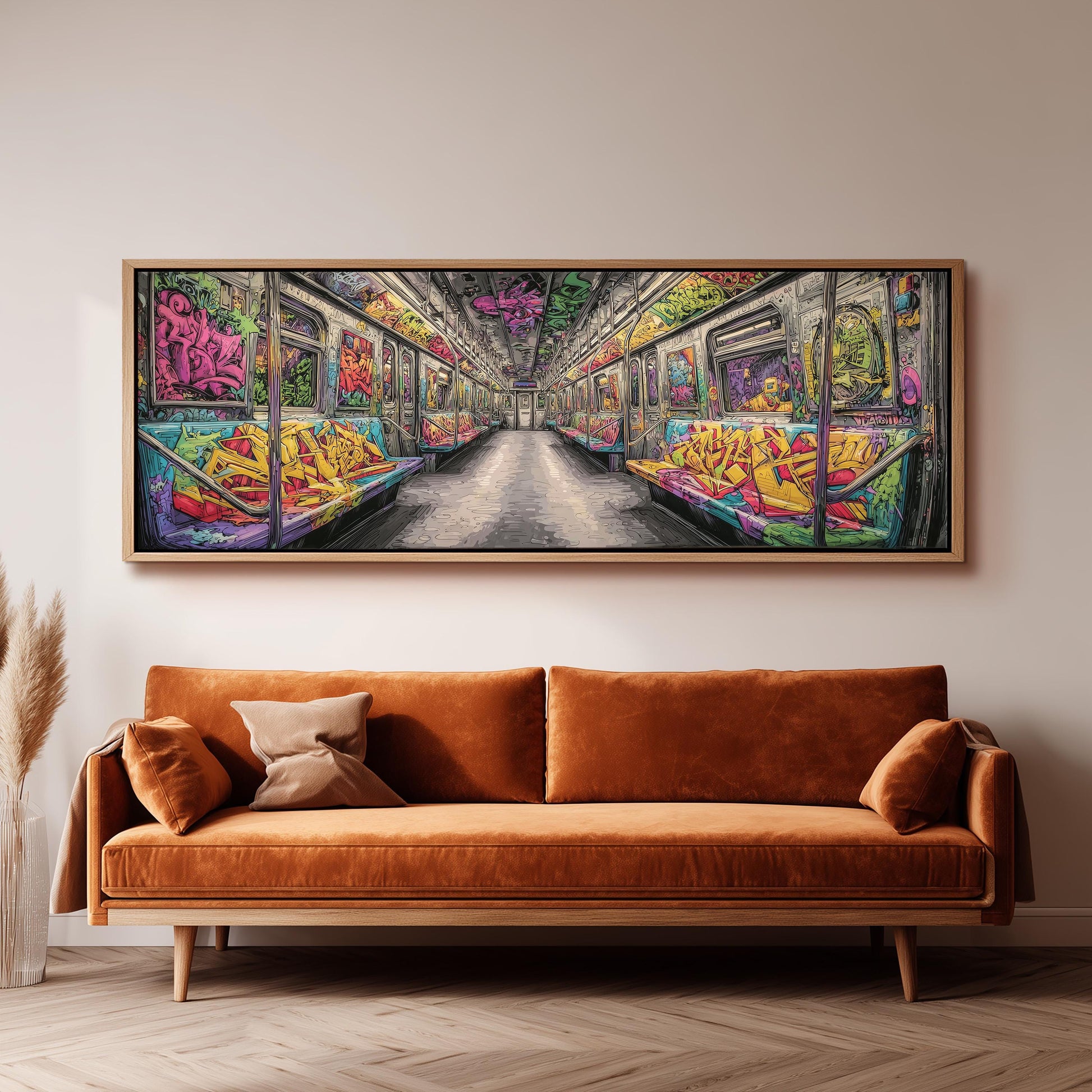a large, colorful painting of a subway car with graffiti art on the walls, hanging on a wall above a brown sofa.