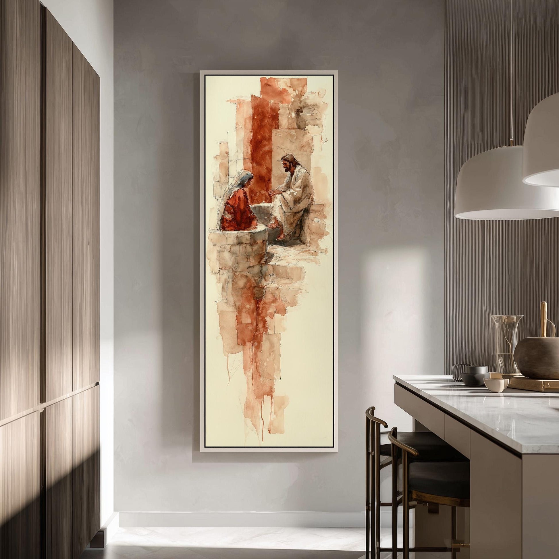 a large, framed painting hanging on a wall in a modern kitchen.