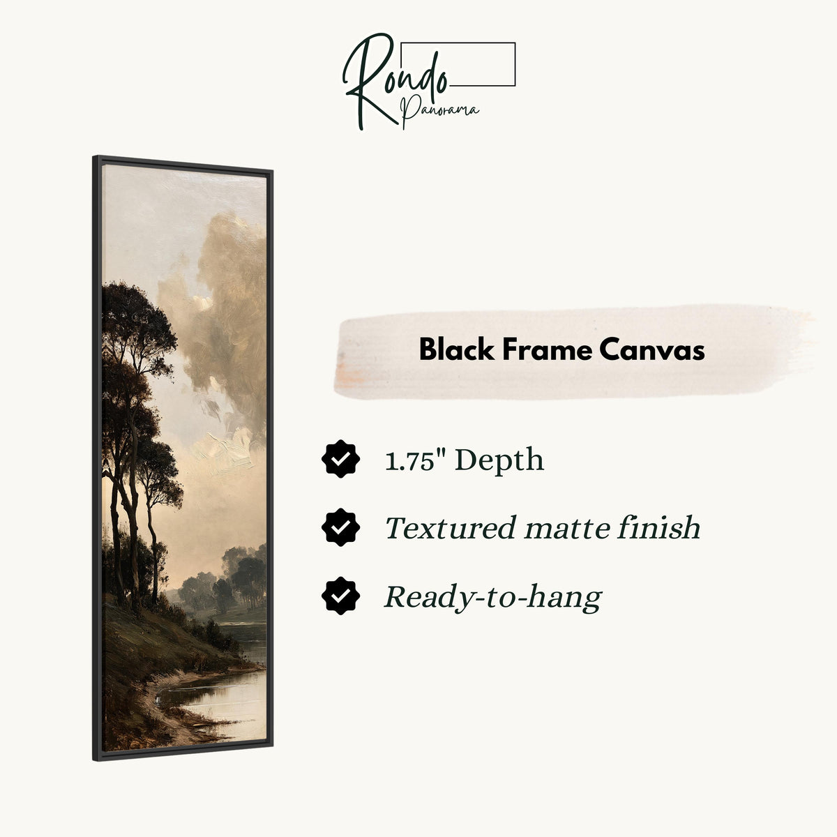 Dark trees by a misty lake in golden brown tones canvas print in a black floating frame