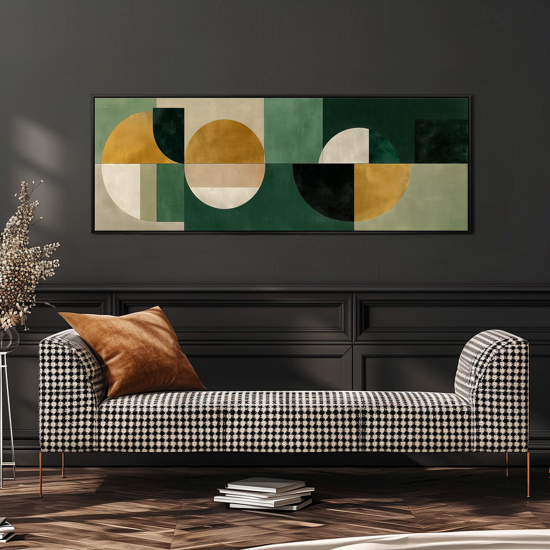a large abstract painting hanging on a wall above a brown sofa with orange cushions.