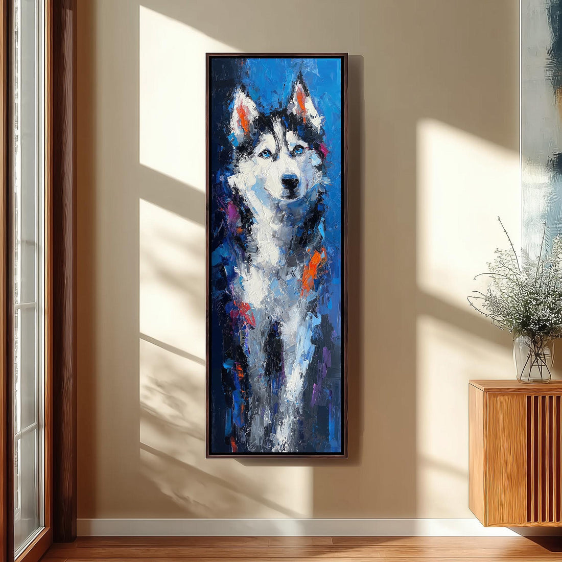 a large, colorful painting of a husky dog hanging on the wall in a hallway.