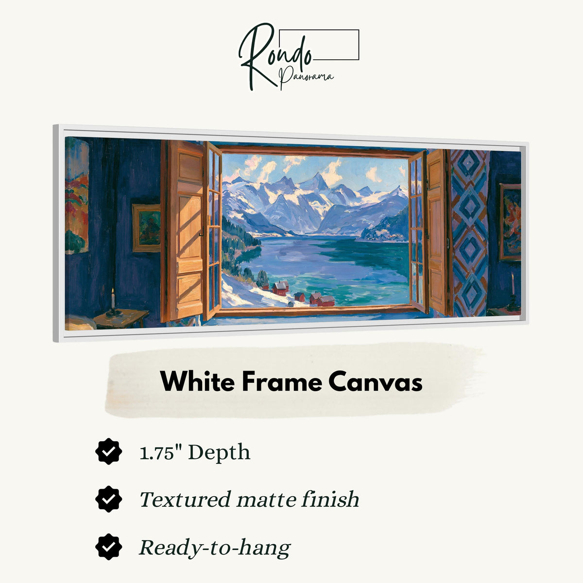 Snowy alpine lake seen through a window canvas print in a white floating frame