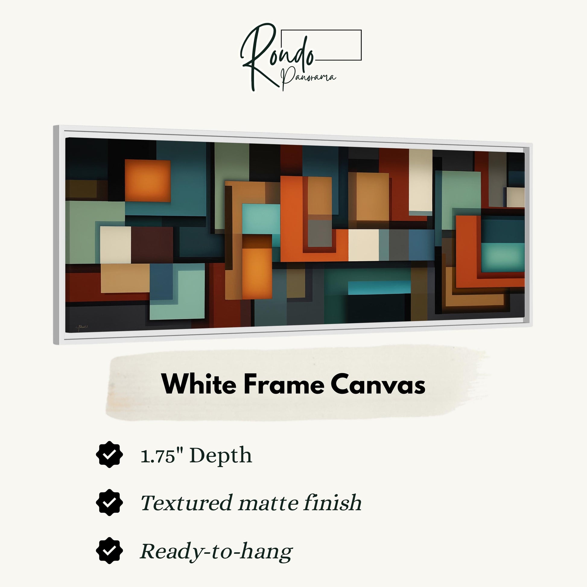 The image is a white frame canvas with a geometric abstract design composed of various shapes and colors, such as squares, rectangles, and triangles.