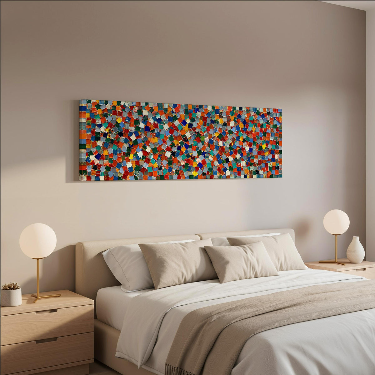 Colorful confetti mosaic squares wide panoramic canvas print above a bed in a neutral bedroom