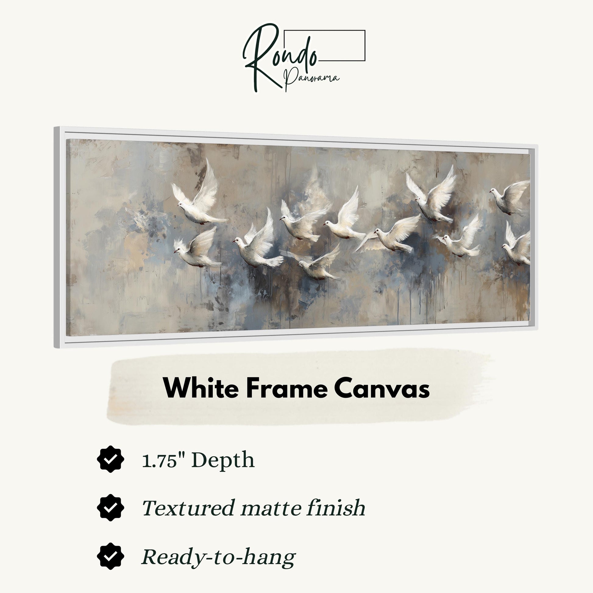 a white frame canvas with a painting of a flock of white birds in flight.