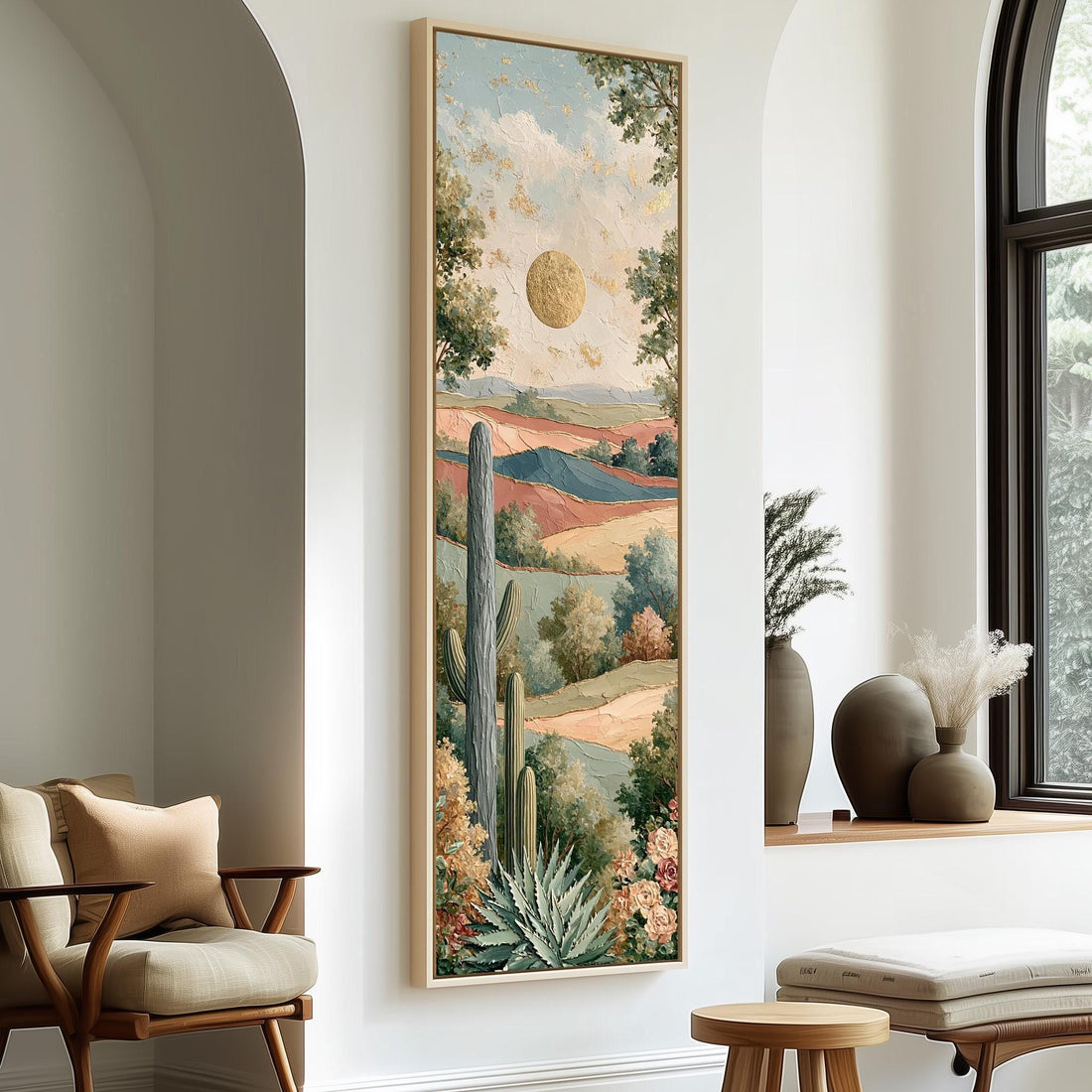 Desert cacti and hills under a pale sun long vertical canvas print in a sunlit living space