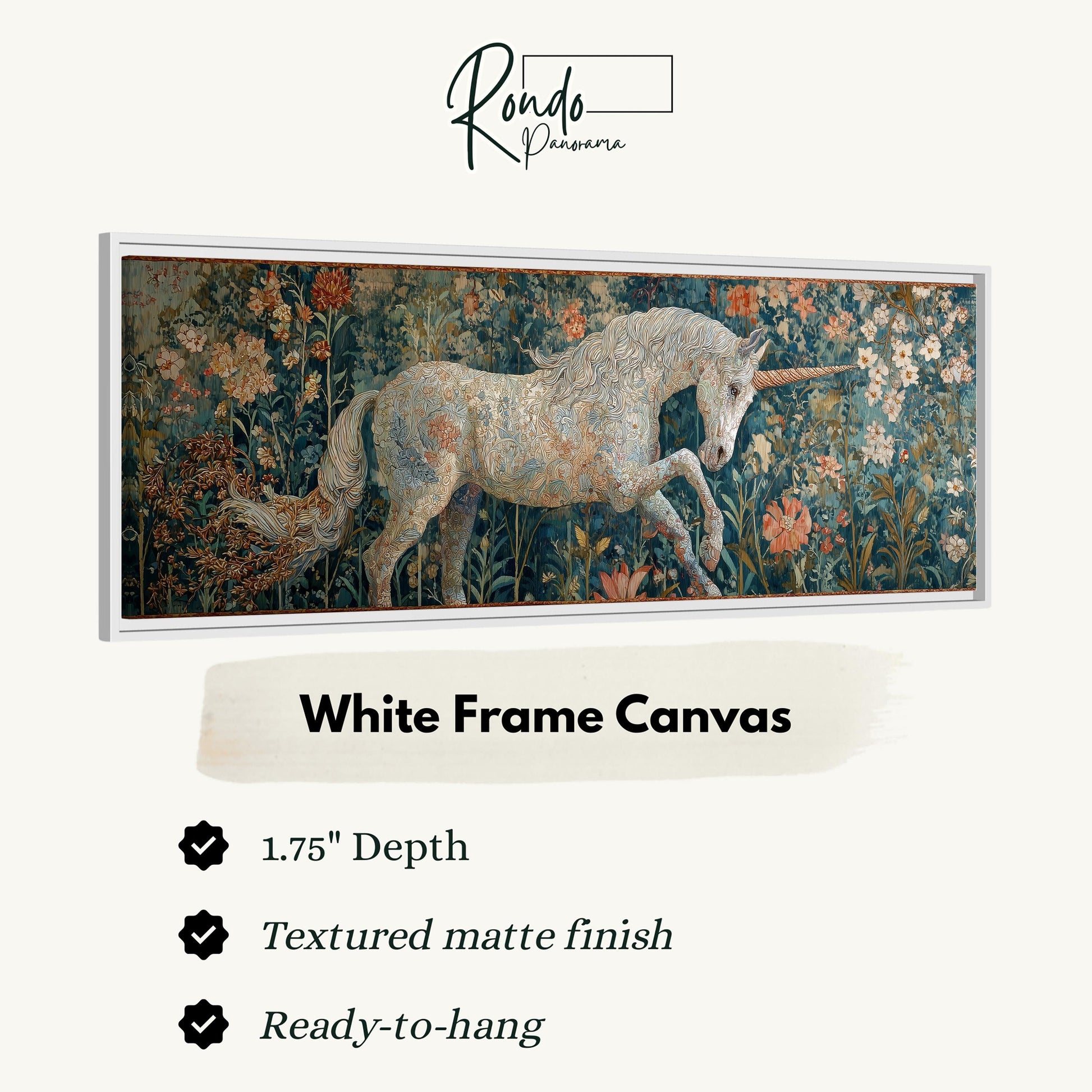 The image is a framed artwork depicting a white unicorn in a lush, colorful garden setting.
