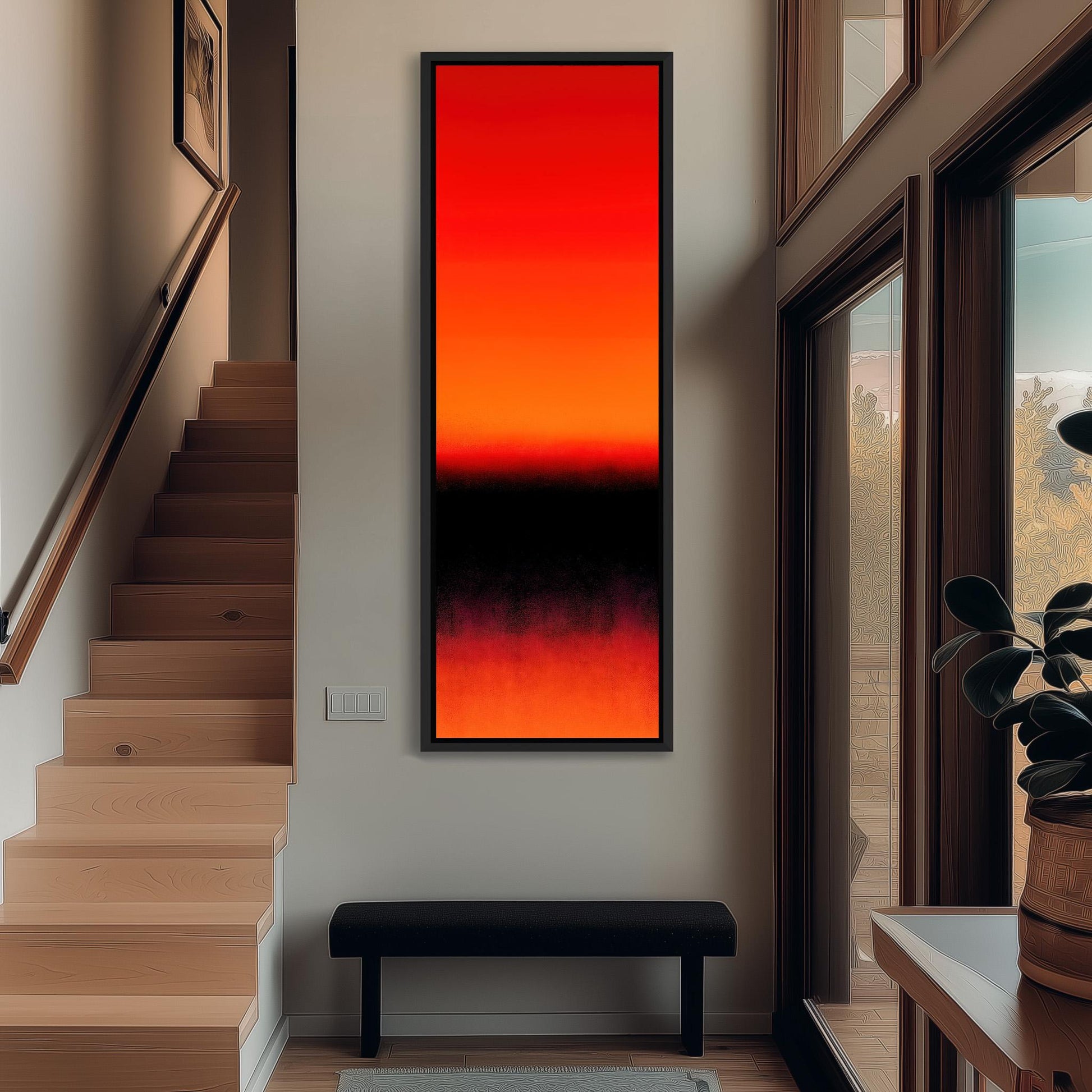 a modern interior design with a large, abstract painting in warm tones of red and orange hanging on the wall. The room includes a wooden staircase, a black bench, and a potted plant, creating a cozy and inviting atmosphere.