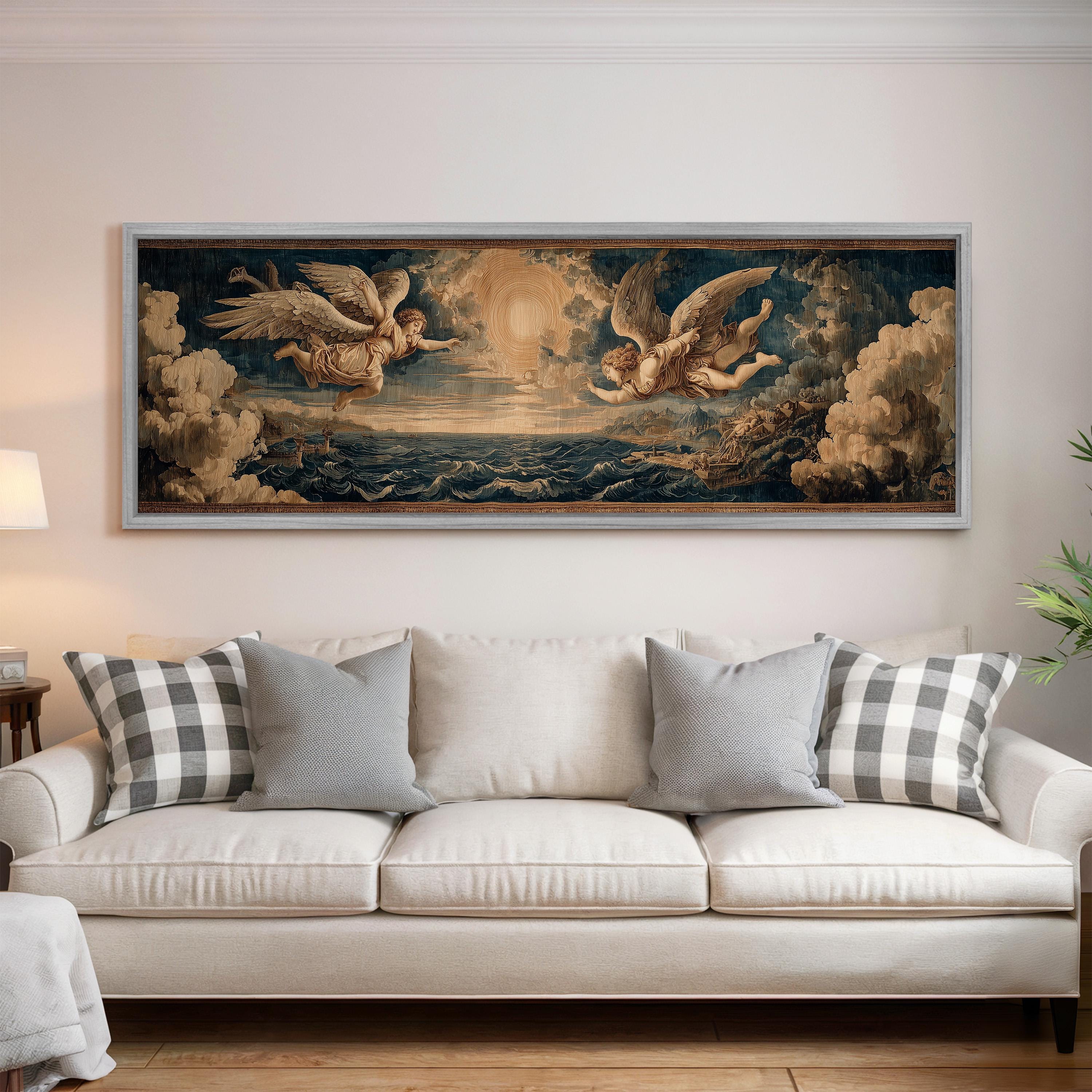 a large painting of angels on a wall above a white couch with plaid throw pillows.
