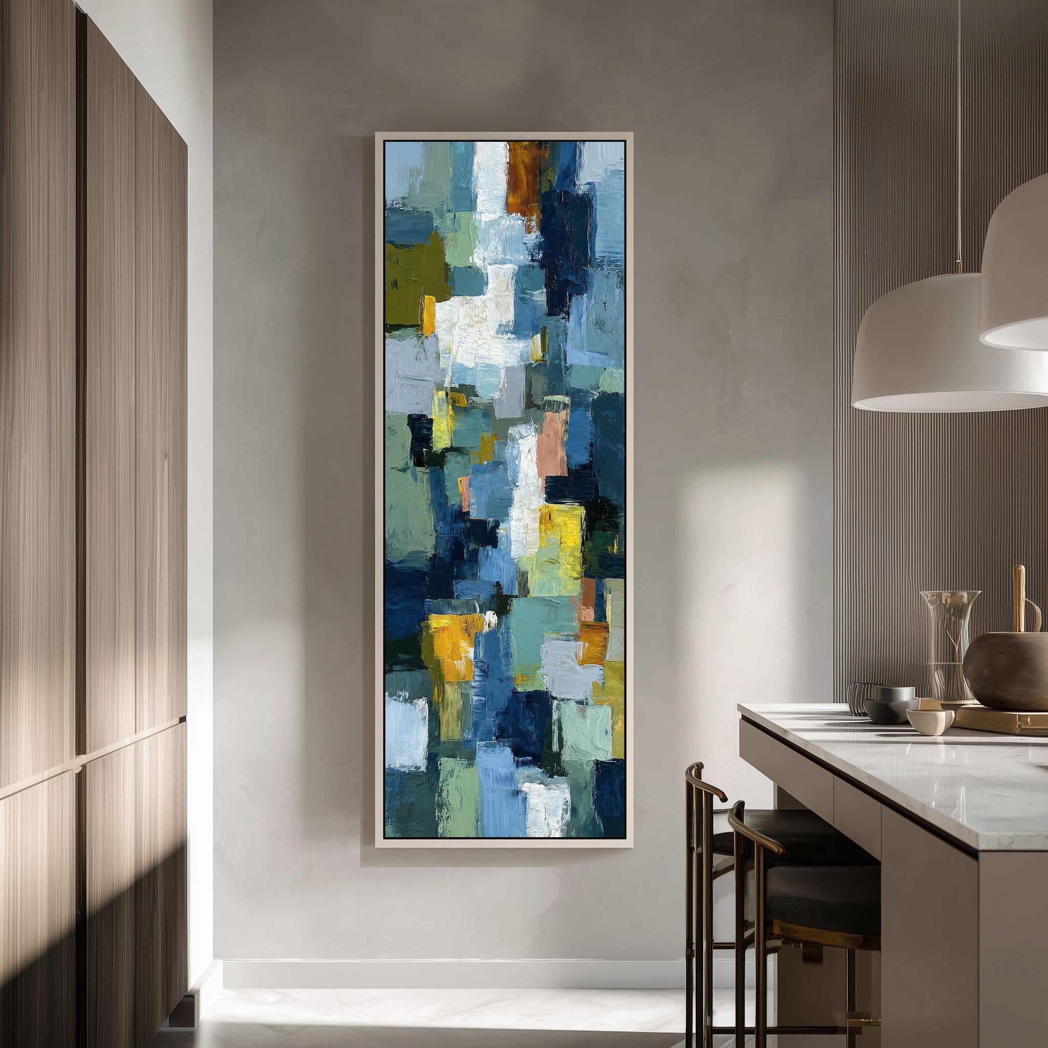 a large abstract painting hanging on a wall in a modern kitchen.