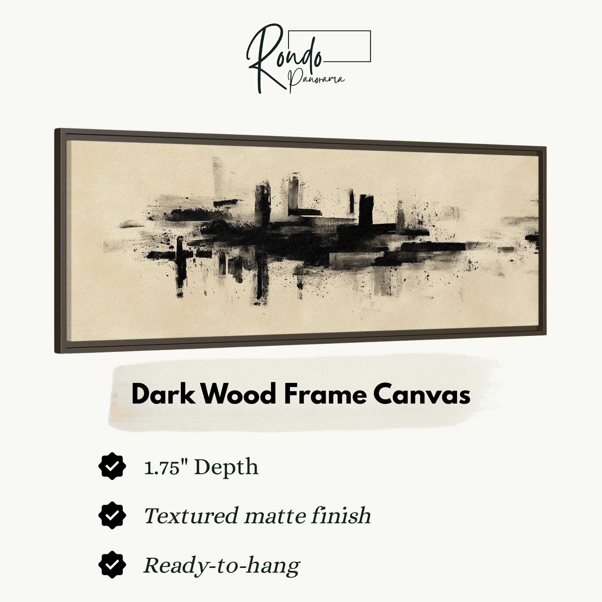 The image is a product advertisement for a dark wood frame canvas. It features a black and white abstract painting of a city skyline. The advertisement highlights the features of the canvas, including its 1.75" depth, textured matte finish, and ready-to-hang nature.