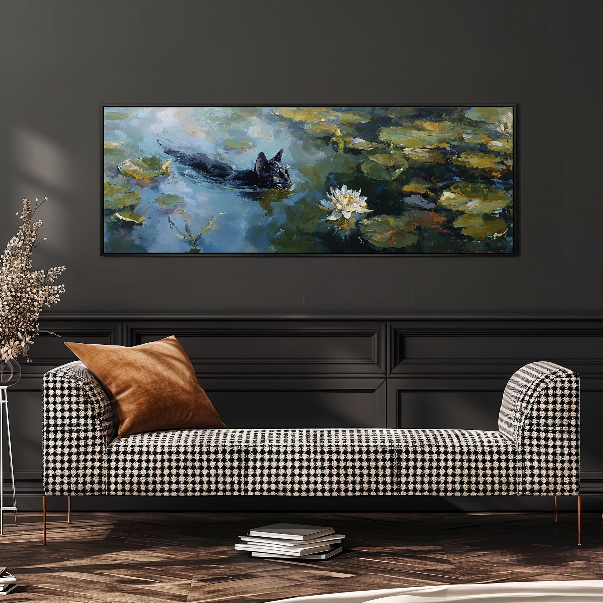 a large painting of a cat swimming in a pond with lily pads, hanging on a wall above a black and white checkered sofa.
